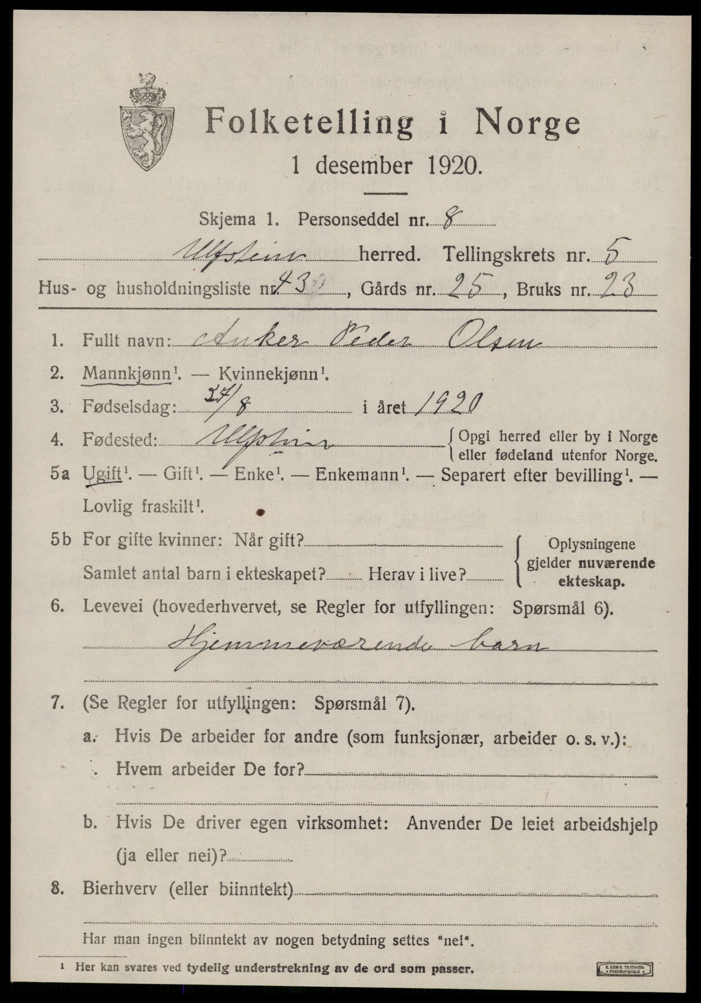 SAT, 1920 census for Ulstein, 1920, p. 3792