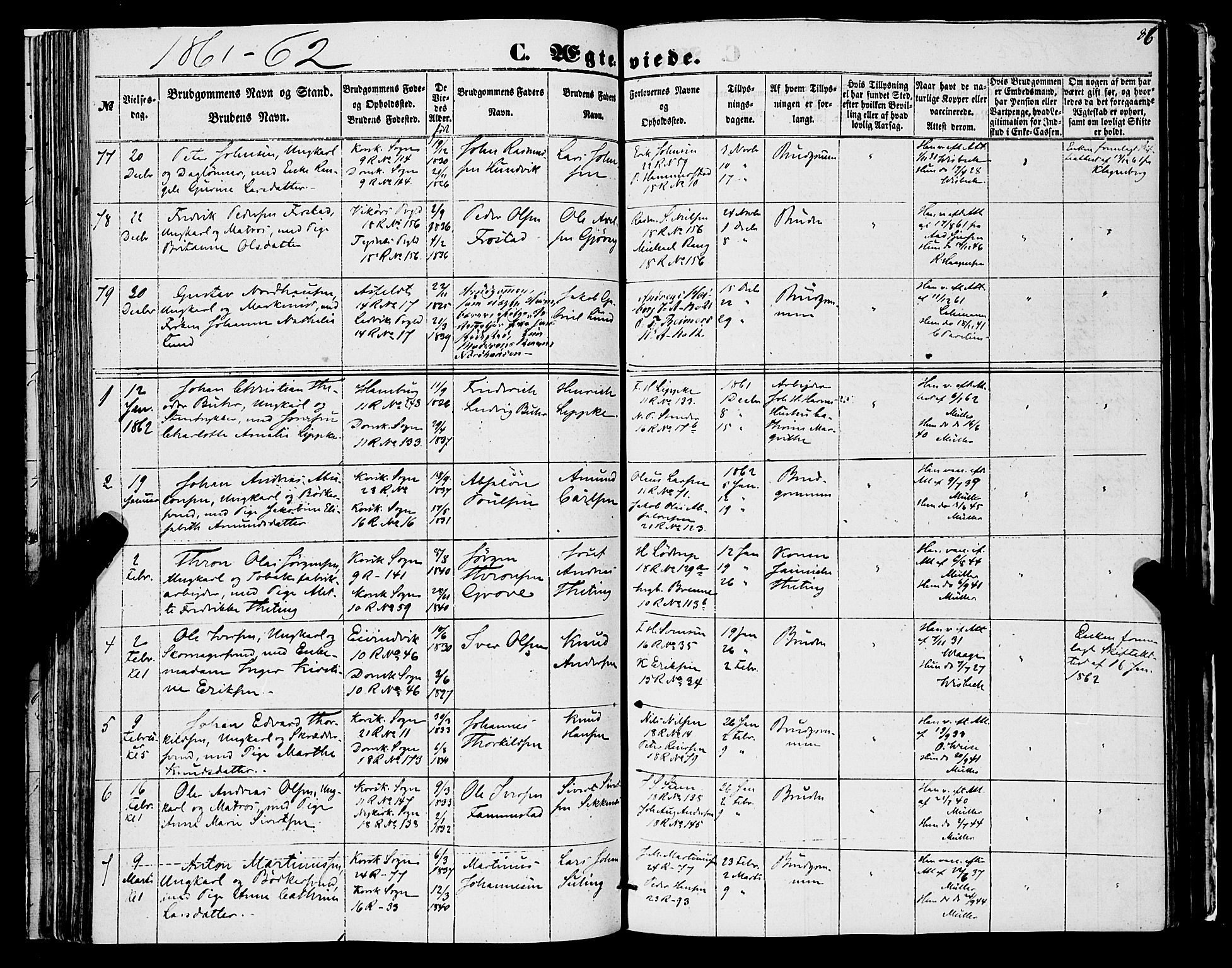 Domkirken sokneprestembete, SAB/A-74801/H/Haa/L0034: Parish register (official) no. D 2, 1853-1874, p. 86
