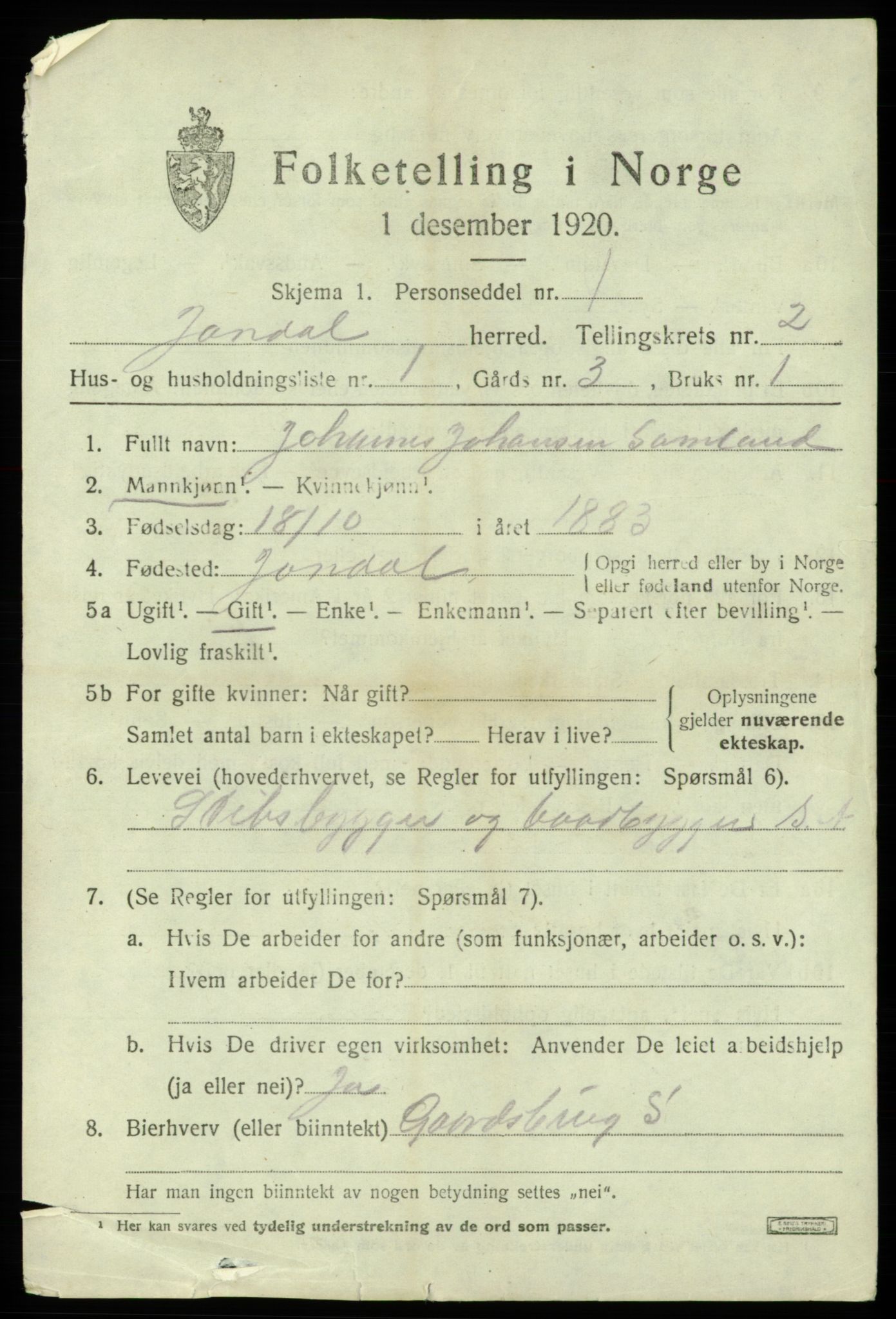 SAB, 1920 census for Jondal, 1920, p. 956