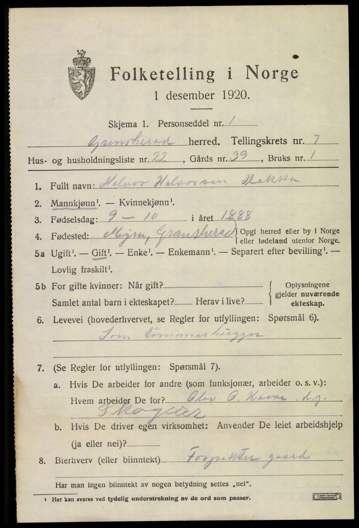 SAKO, 1920 census for Gransherad, 1920, p. 3130