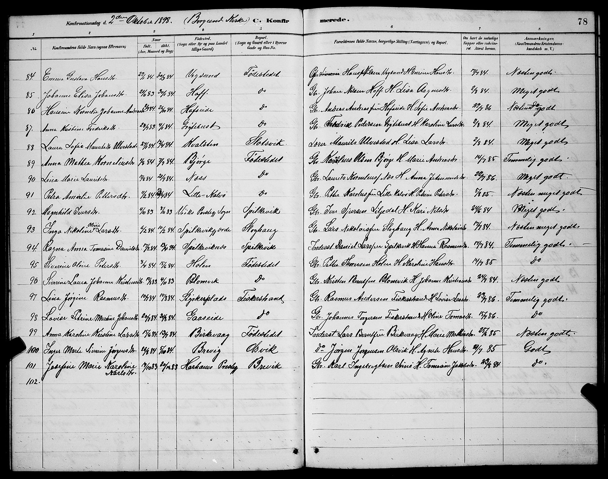 Ministerialprotokoller, klokkerbøker og fødselsregistre - Møre og Romsdal, SAT/A-1454/528/L0430: Parish register (copy) no. 528C11, 1884-1899, p. 78