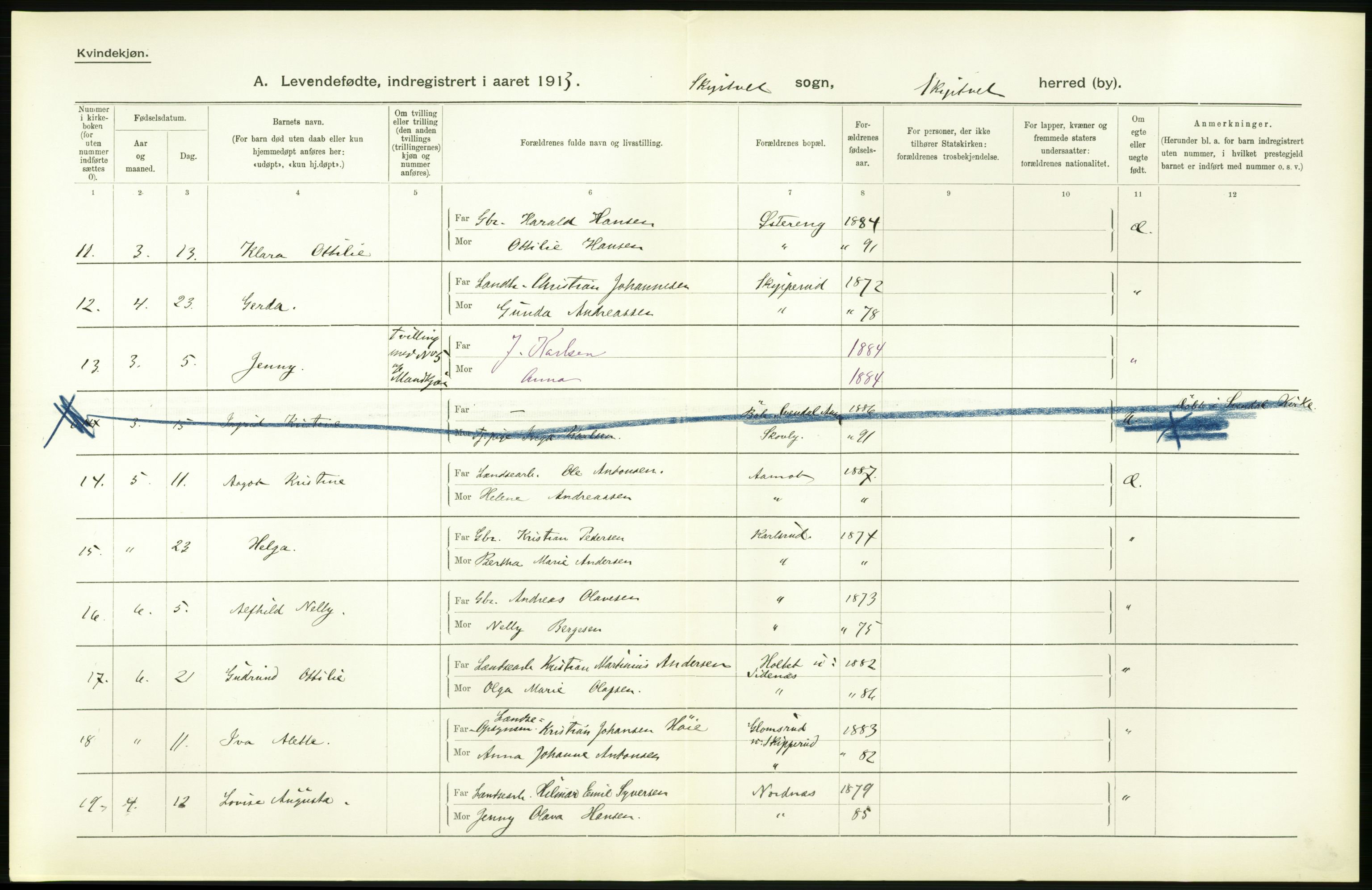 Statistisk sentralbyrå, Sosiodemografiske emner, Befolkning, AV/RA-S-2228/D/Df/Dfb/Dfbc/L0001: Smålenenes amt: Levendefødte menn og kvinner. Bygder., 1913, p. 84