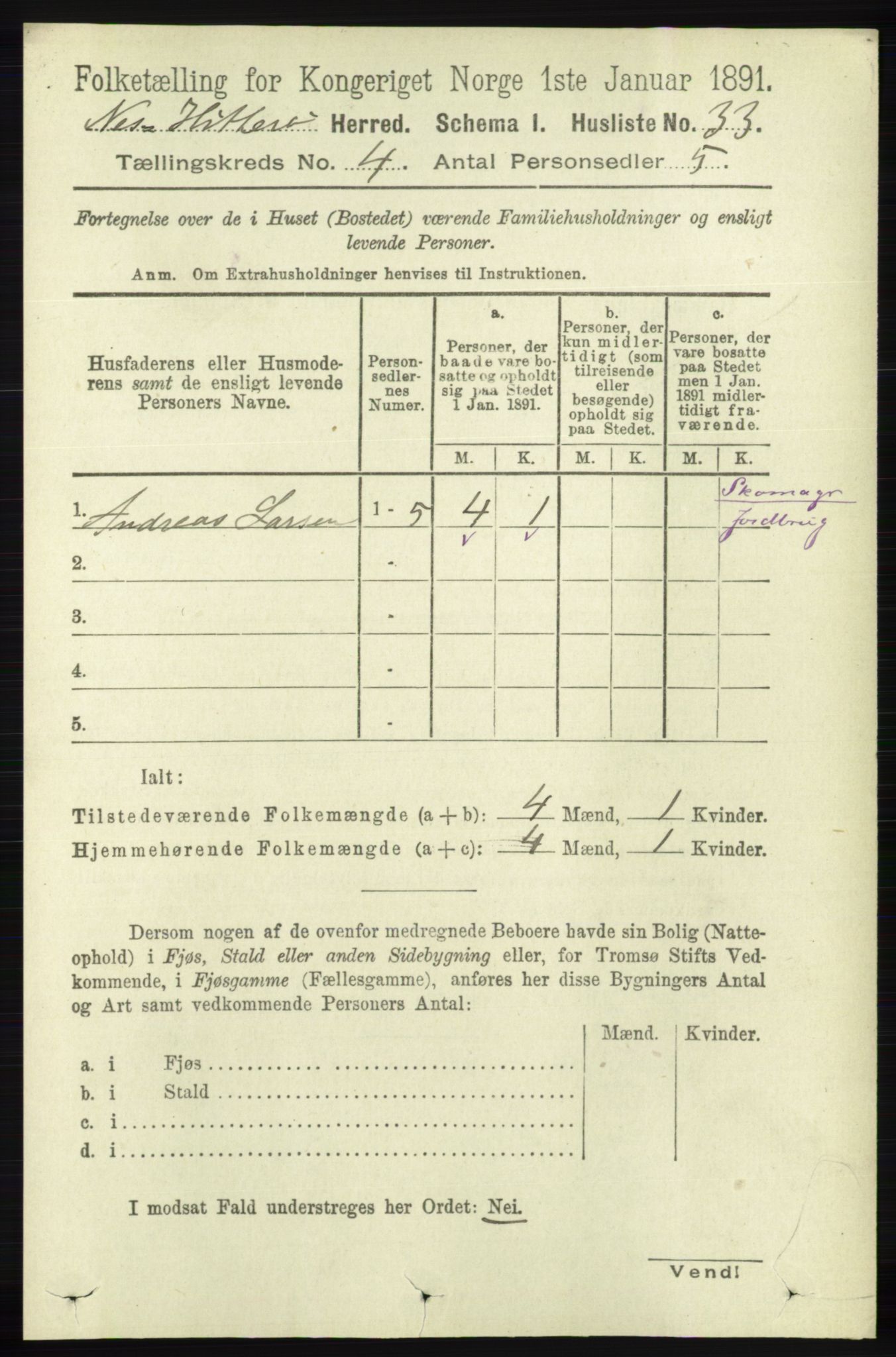 RA, 1891 census for 1043 Hidra og Nes, 1891, p. 1402