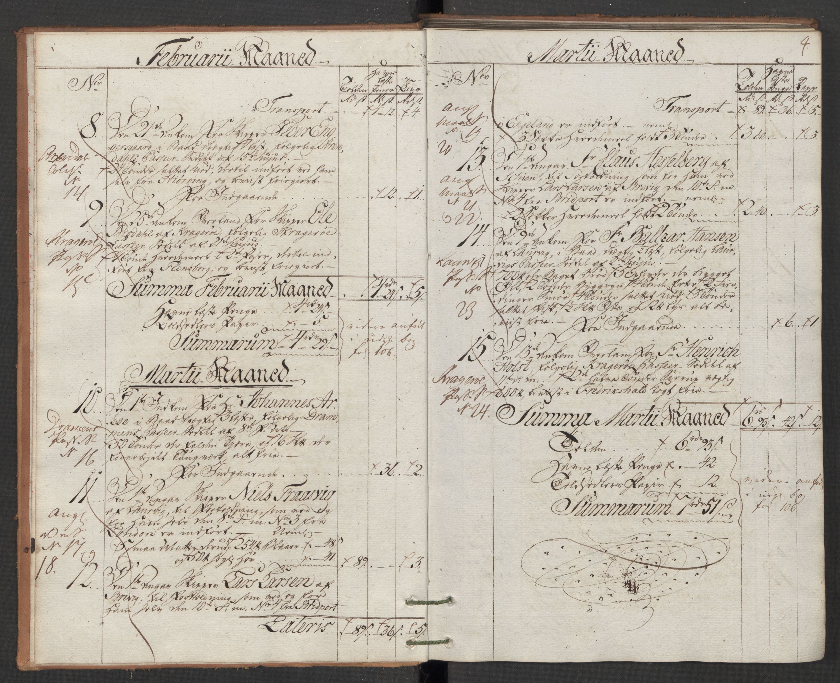 Generaltollkammeret, tollregnskaper, AV/RA-EA-5490/R12/L0118/0001: Tollregnskaper Langesund / Inngående hovedtollbok, 1786, p. 3b-4a