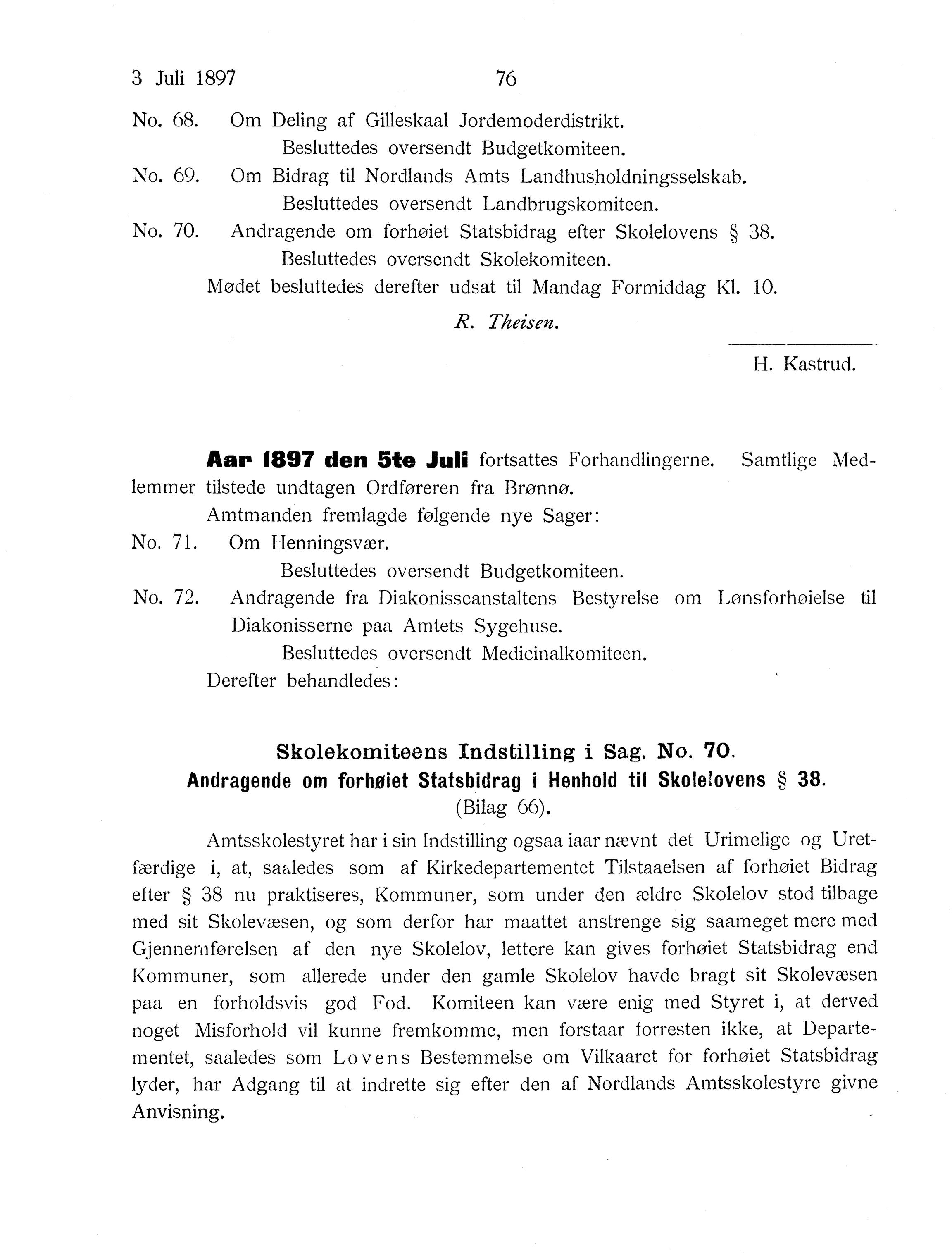 Nordland Fylkeskommune. Fylkestinget, AIN/NFK-17/176/A/Ac/L0020: Fylkestingsforhandlinger 1897, 1897, p. 76