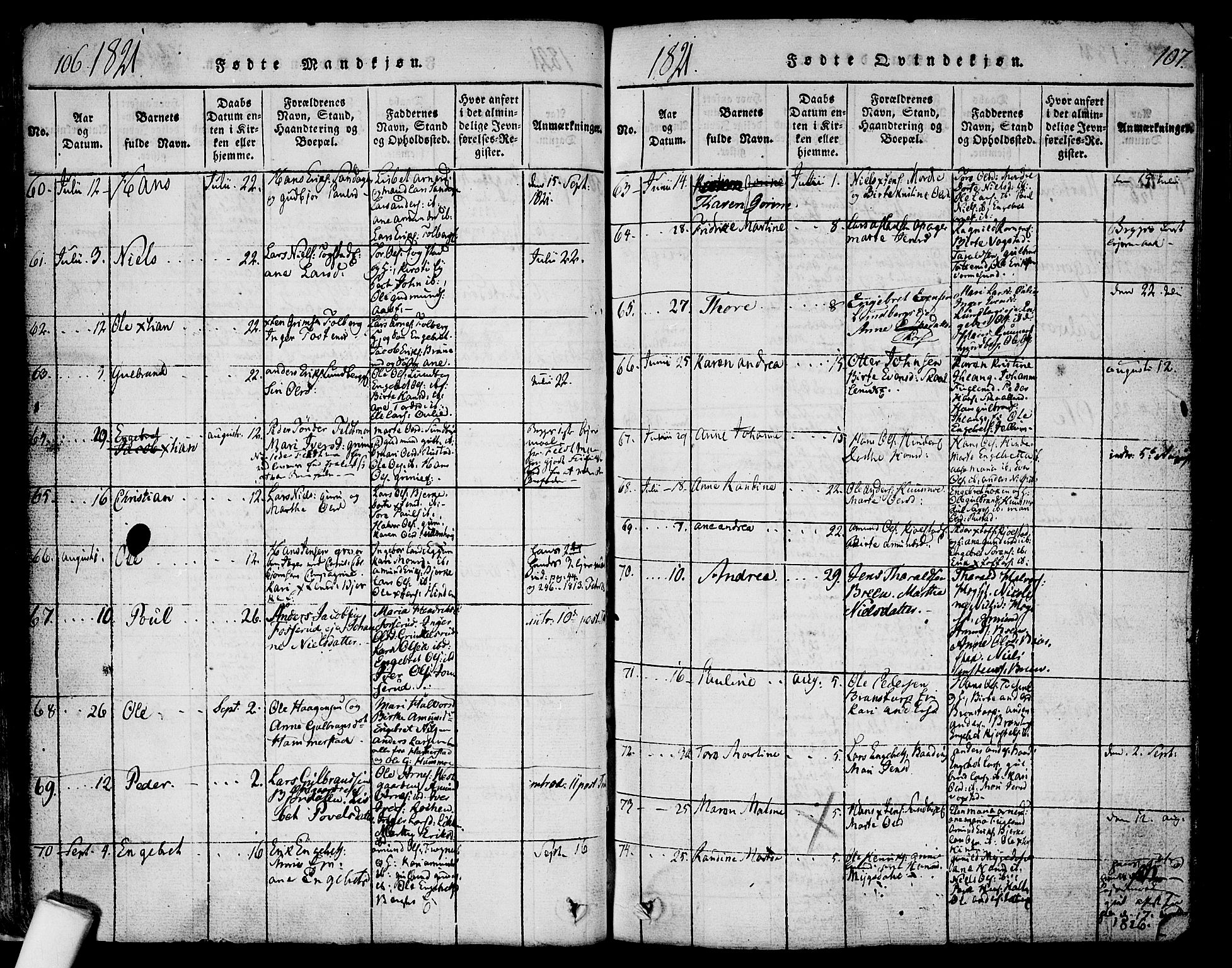 Nes prestekontor Kirkebøker, AV/SAO-A-10410/F/Fa/L0005: Parish register (official) no. I 5, 1815-1835, p. 106-107