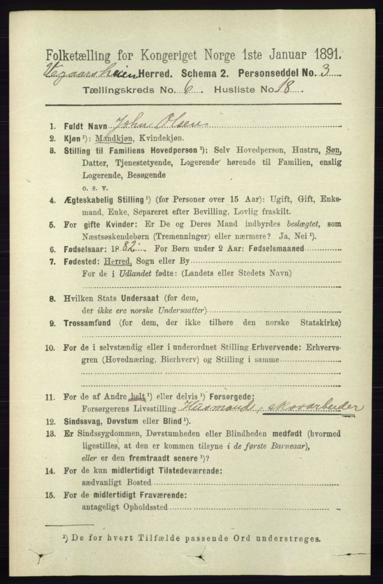 RA, 1891 census for 0912 Vegårshei, 1891, p. 1275