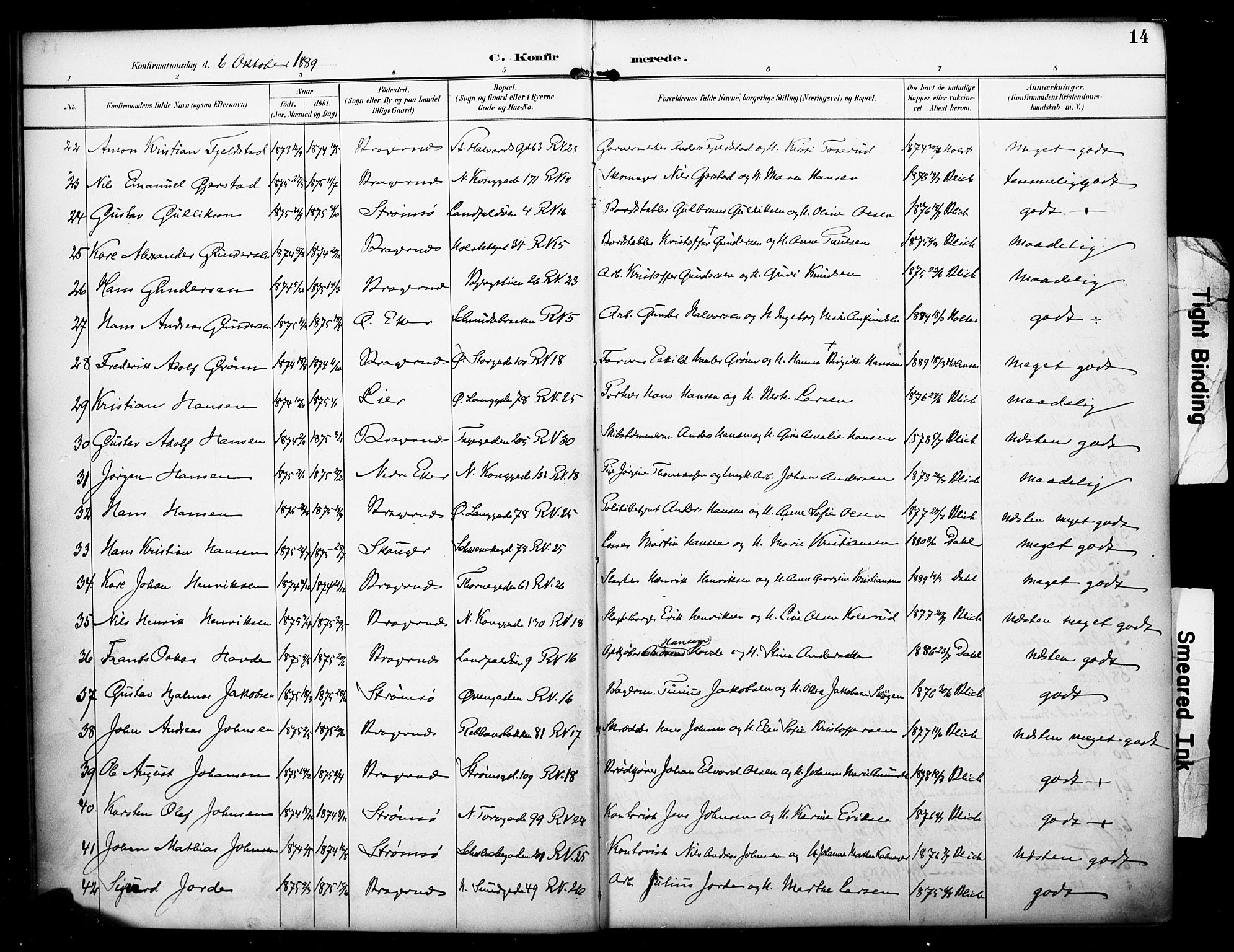 Bragernes kirkebøker, AV/SAKO-A-6/F/Fc/L0006: Parish register (official) no. III 6, 1888-1899, p. 14