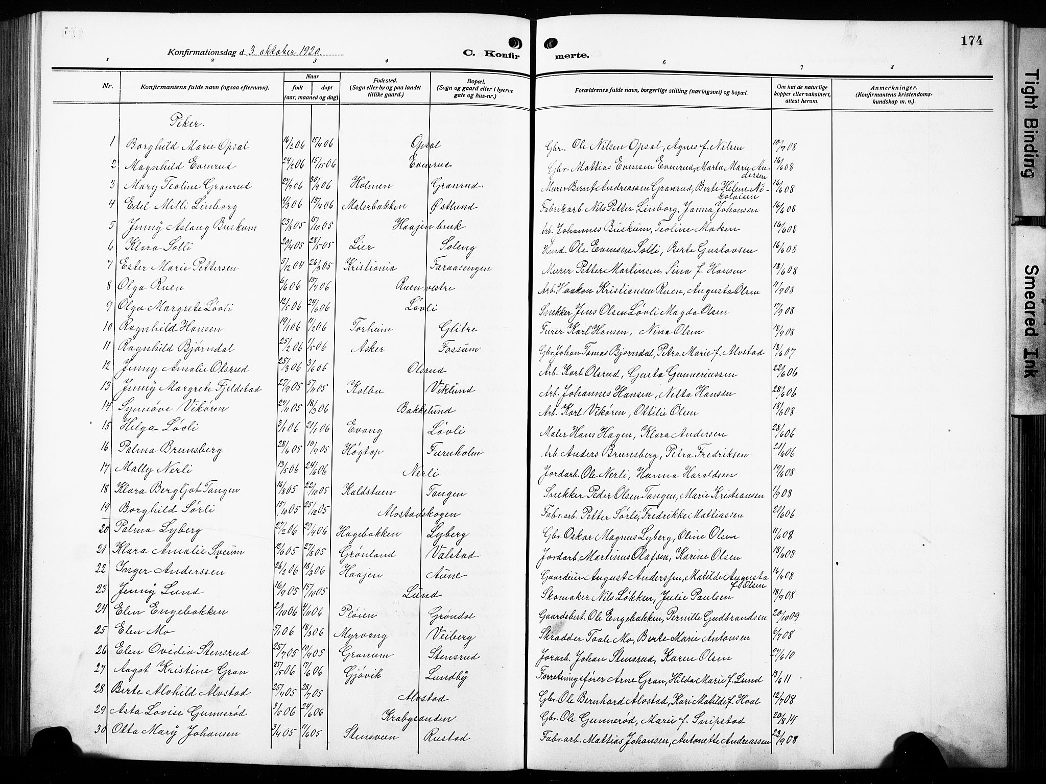 Østre Toten prestekontor, AV/SAH-PREST-104/H/Ha/Hab/L0010: Parish register (copy) no. 10, 1912-1933, p. 174