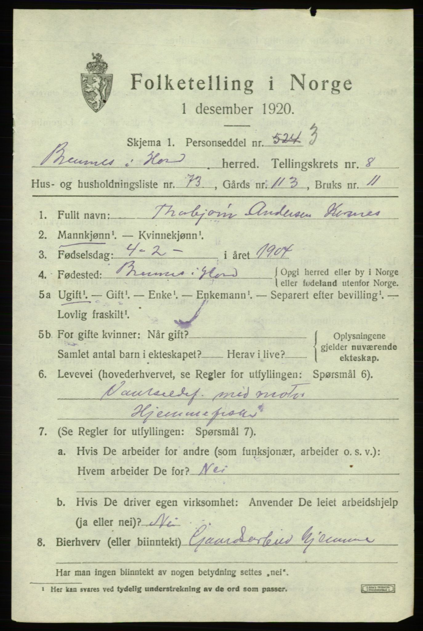 SAB, 1920 census for Bremnes, 1920, p. 6110