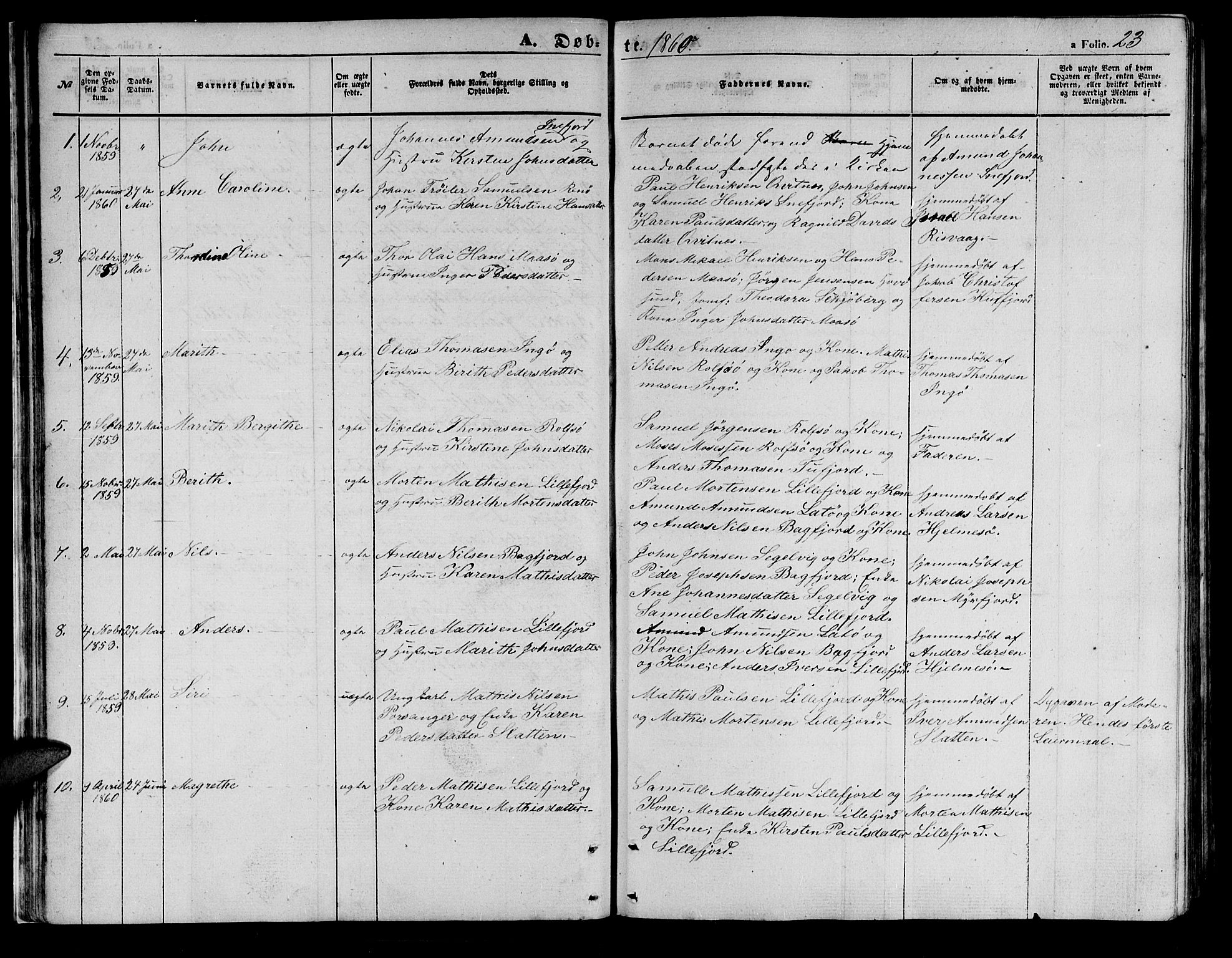 Måsøy sokneprestkontor, SATØ/S-1348/H/Hb/L0001klokker: Parish register (copy) no. 1, 1852-1877, p. 23