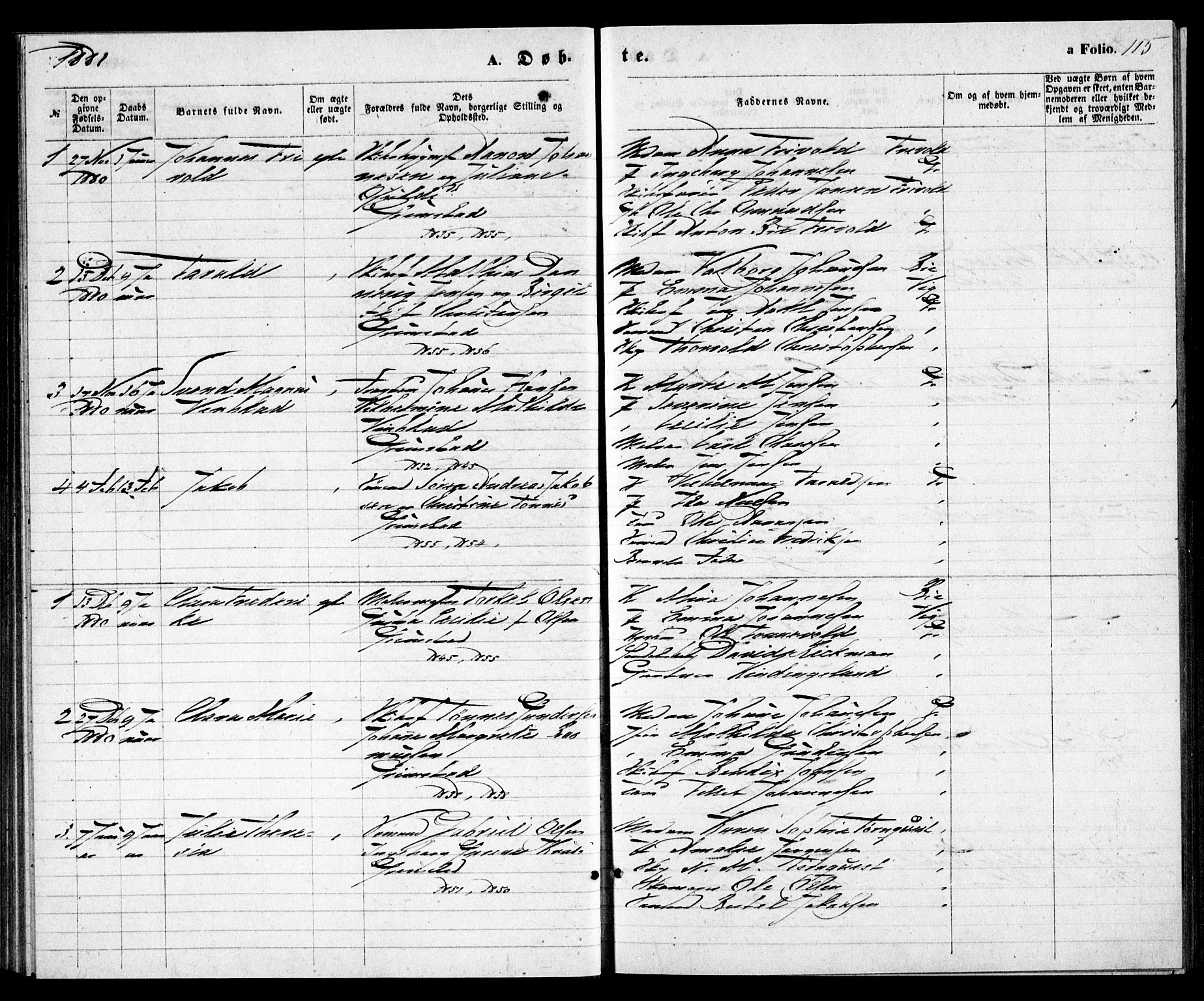 Grimstad sokneprestkontor, SAK/1111-0017/F/Fa/L0002: Parish register (official) no. A 1, 1869-1881, p. 115