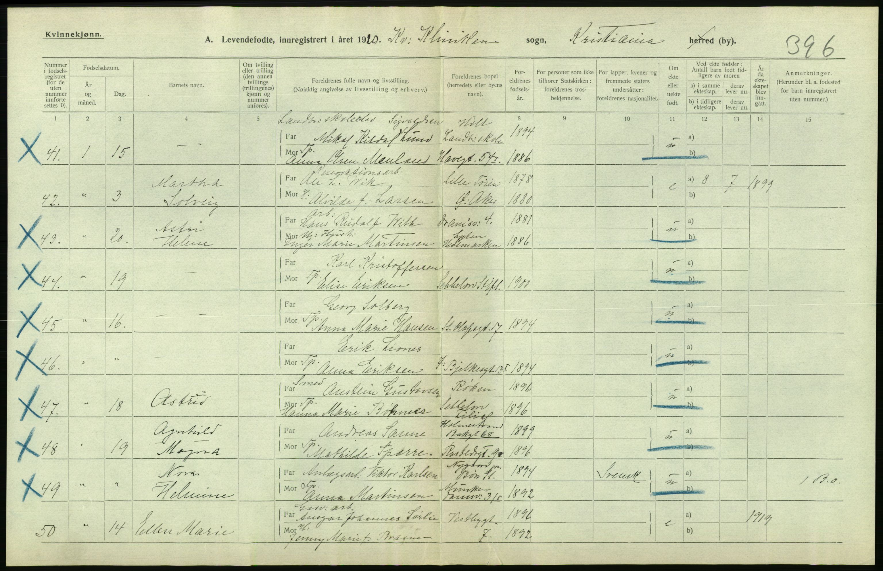 Statistisk sentralbyrå, Sosiodemografiske emner, Befolkning, AV/RA-S-2228/D/Df/Dfb/Dfbj/L0008: Kristiania: Levendefødte menn og kvinner., 1920, p. 534