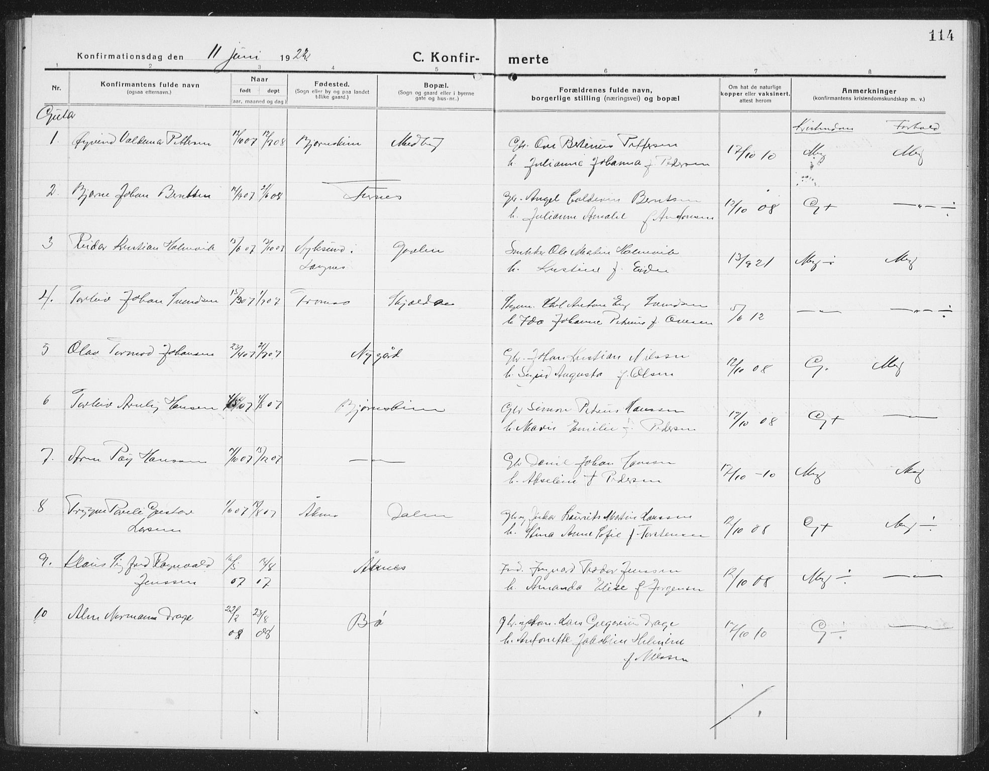 Ministerialprotokoller, klokkerbøker og fødselsregistre - Nordland, SAT/A-1459/898/L1428: Parish register (copy) no. 898C03, 1918-1938, p. 114