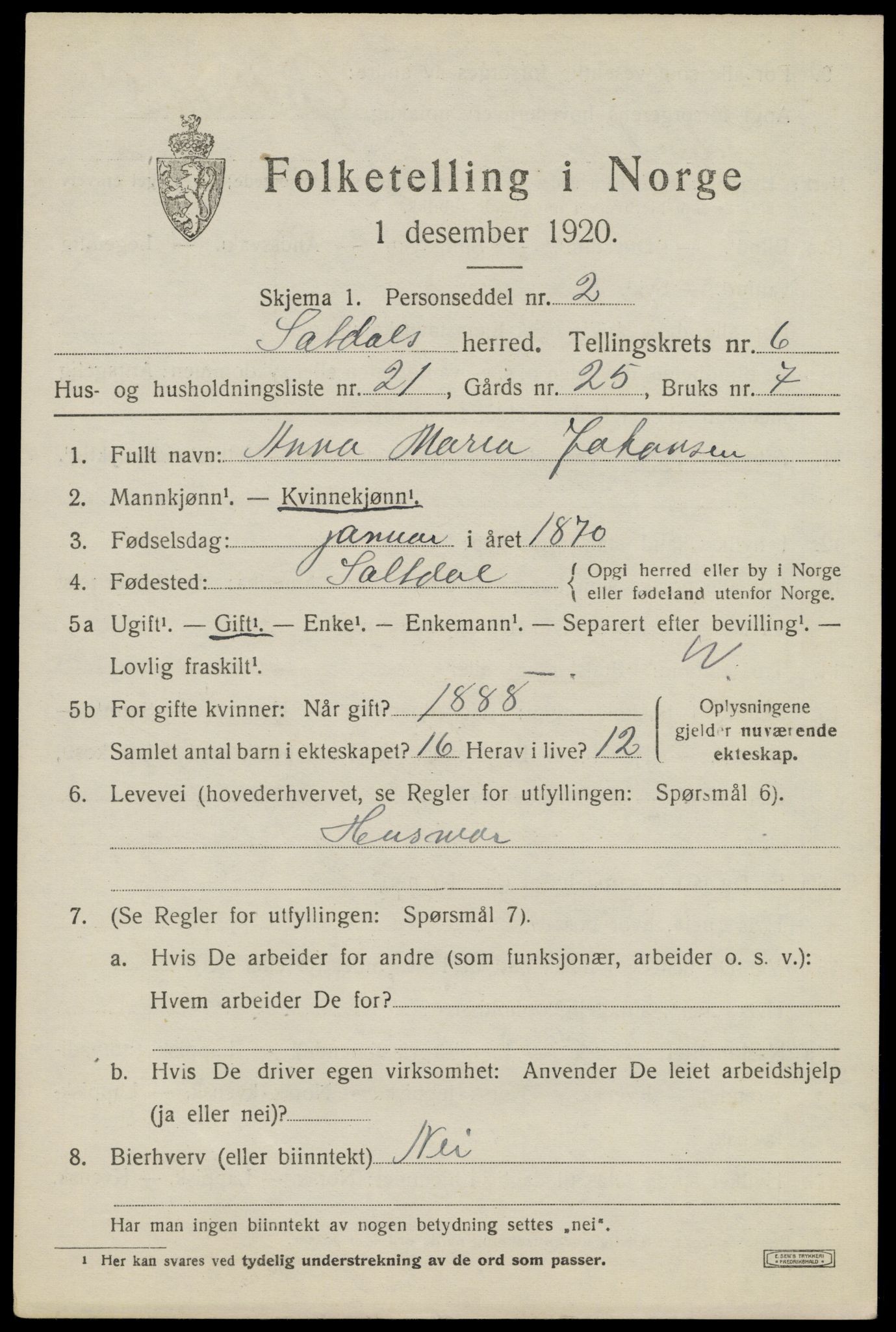 SAT, 1920 census for Saltdal, 1920, p. 7611