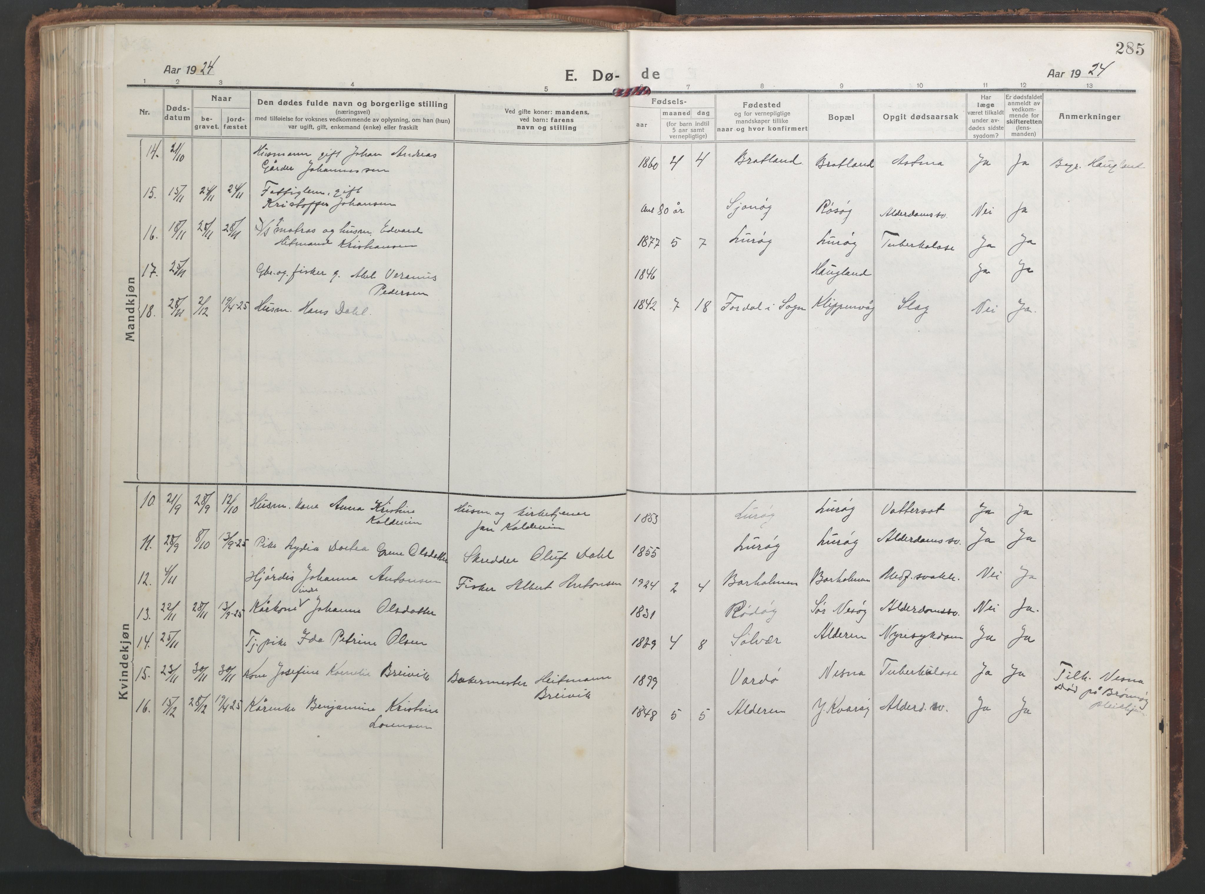 Ministerialprotokoller, klokkerbøker og fødselsregistre - Nordland, AV/SAT-A-1459/839/L0574: Parish register (copy) no. 839C04, 1918-1950, p. 285