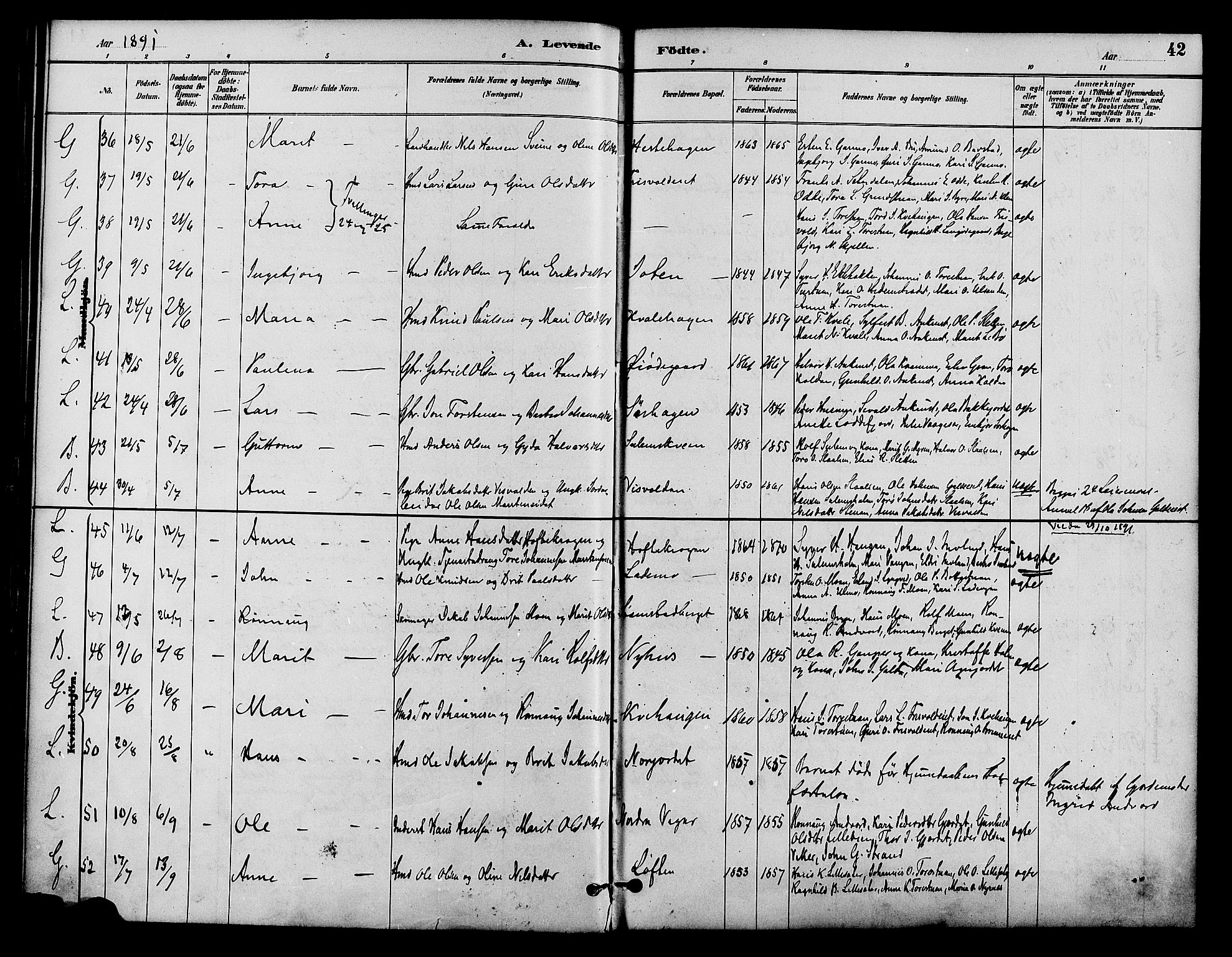 Lom prestekontor, AV/SAH-PREST-070/K/L0008: Parish register (official) no. 8, 1885-1898, p. 42