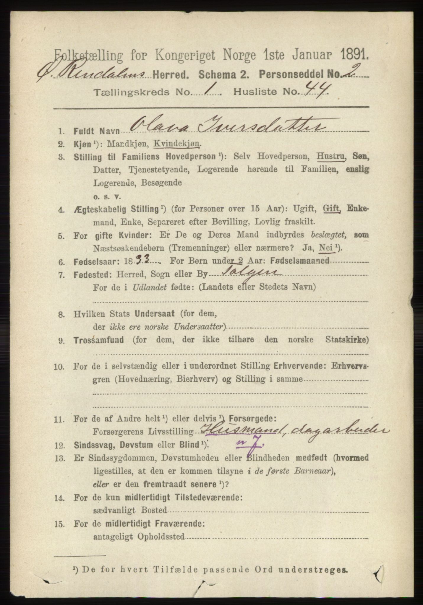 RA, 1891 census for 0433 Øvre Rendal, 1891, p. 329