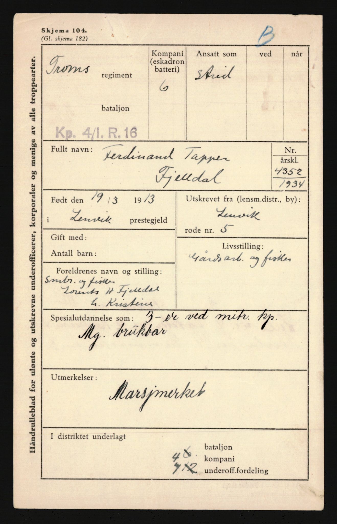 Forsvaret, Troms infanteriregiment nr. 16, AV/RA-RAFA-3146/P/Pa/L0018: Rulleblad for regimentets menige mannskaper, årsklasse 1934, 1934, p. 259