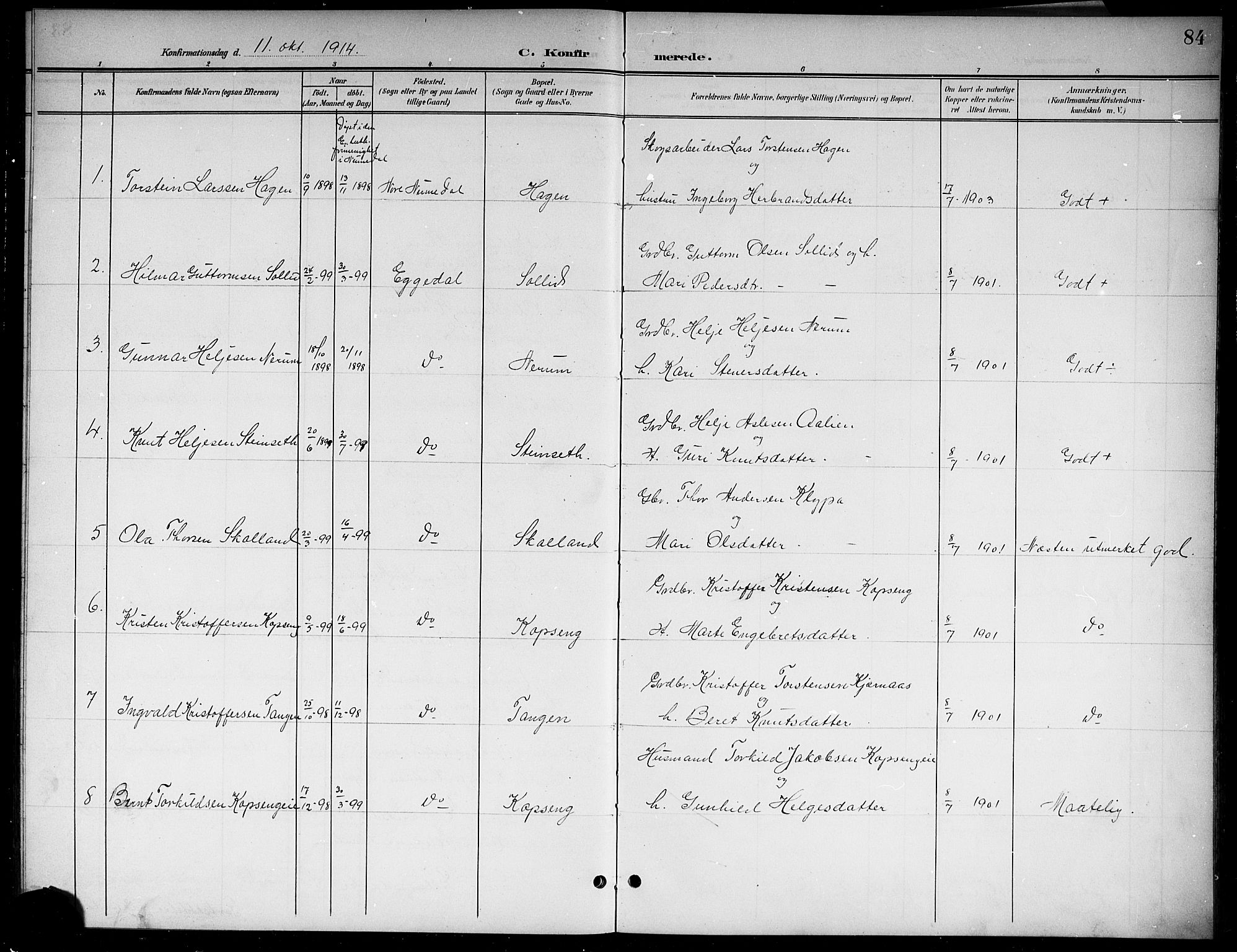 Sigdal kirkebøker, SAKO/A-245/G/Gb/L0003: Parish register (copy) no. II 3, 1901-1916, p. 84
