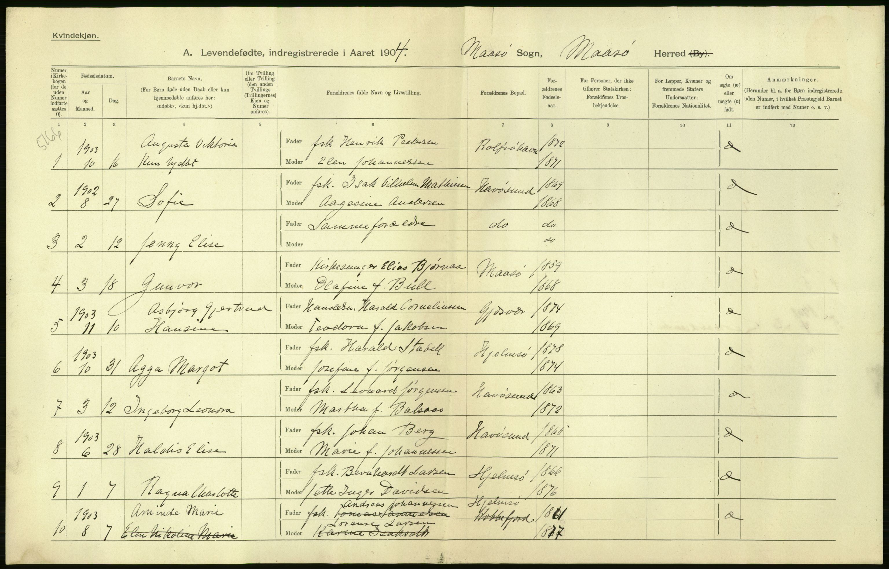 Statistisk sentralbyrå, Sosiodemografiske emner, Befolkning, AV/RA-S-2228/D/Df/Dfa/Dfab/L0023: Finnmarkens amt: Fødte, gifte, døde, 1904, p. 8