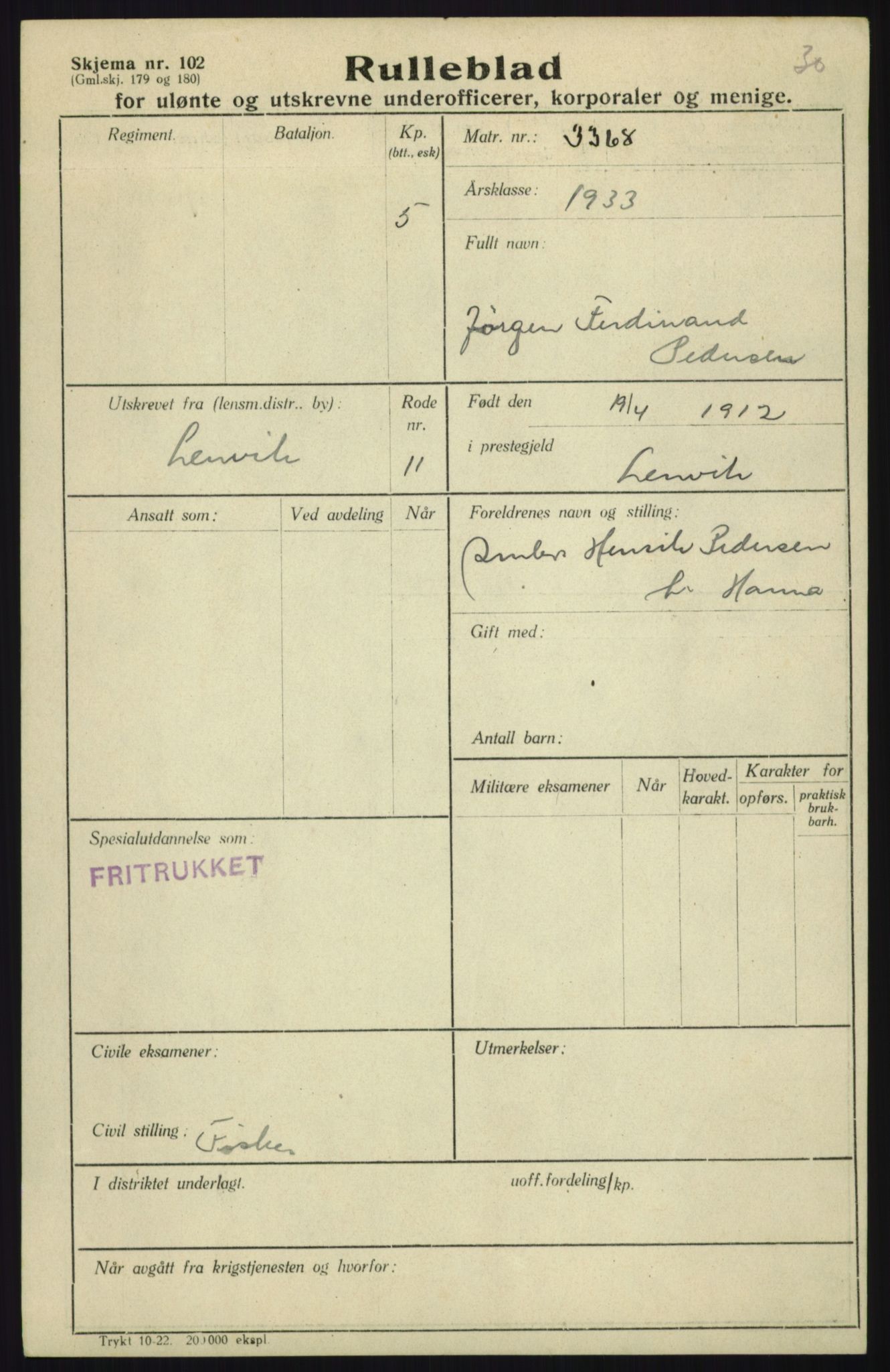 Forsvaret, Troms infanteriregiment nr. 16, AV/RA-RAFA-3146/P/Pa/L0017: Rulleblad for regimentets menige mannskaper, årsklasse 1933, 1933, p. 1019