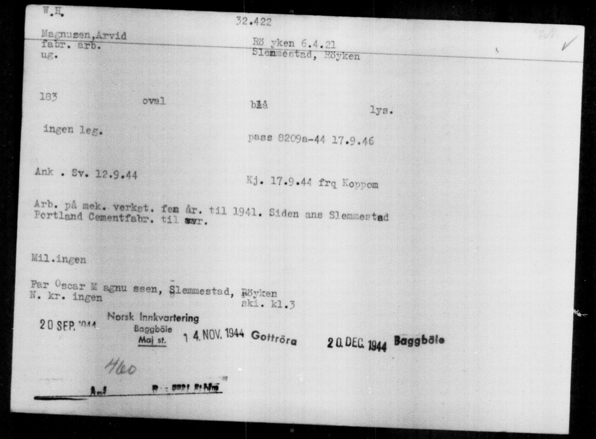 Utenriksstasjonene, Legasjonen i Stockholm, Flyktningkontoret, AV/RA-S-6753/V/Va/L0013: Kjesäterkartoteket, flyktninger med registreringsnr. 31500-34731, 1940-1945, p. 976