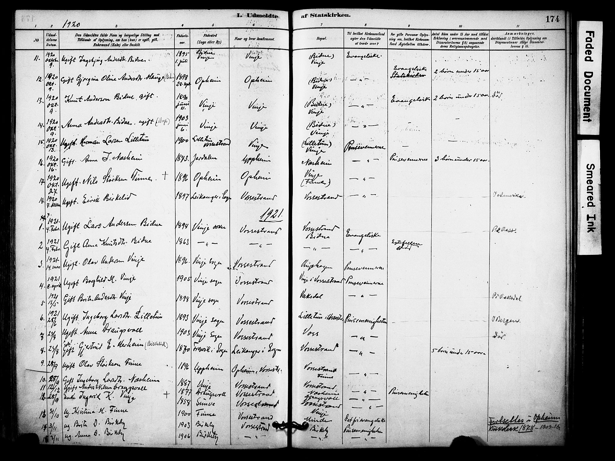 Vossestrand Sokneprestembete, AV/SAB-A-79101/H/Haa: Parish register (official) no. C 1, 1878-1903, p. 174