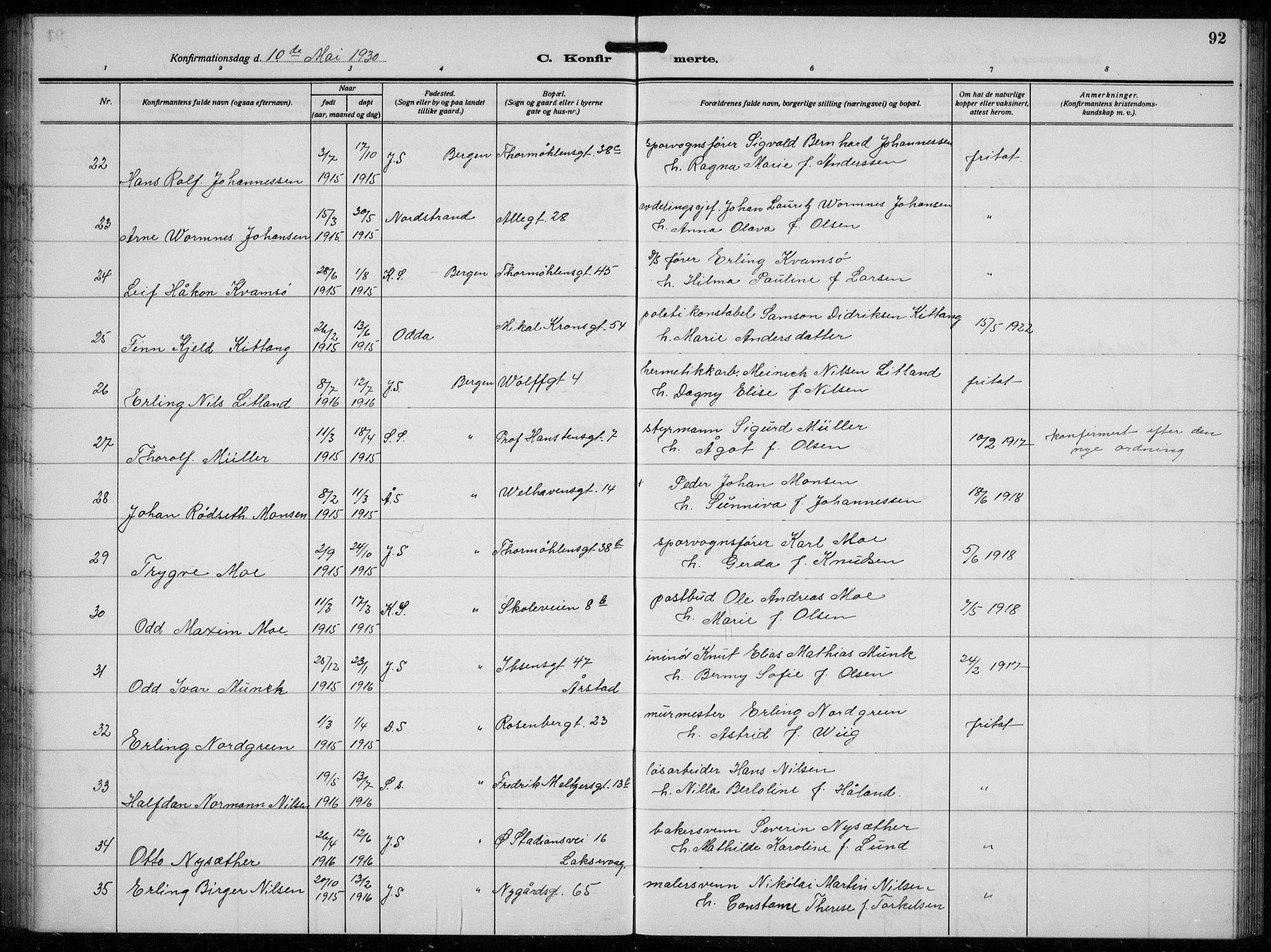 Johanneskirken sokneprestembete, AV/SAB-A-76001/H/Hab: Parish register (copy) no. B  3, 1925-1935, p. 91b-92a