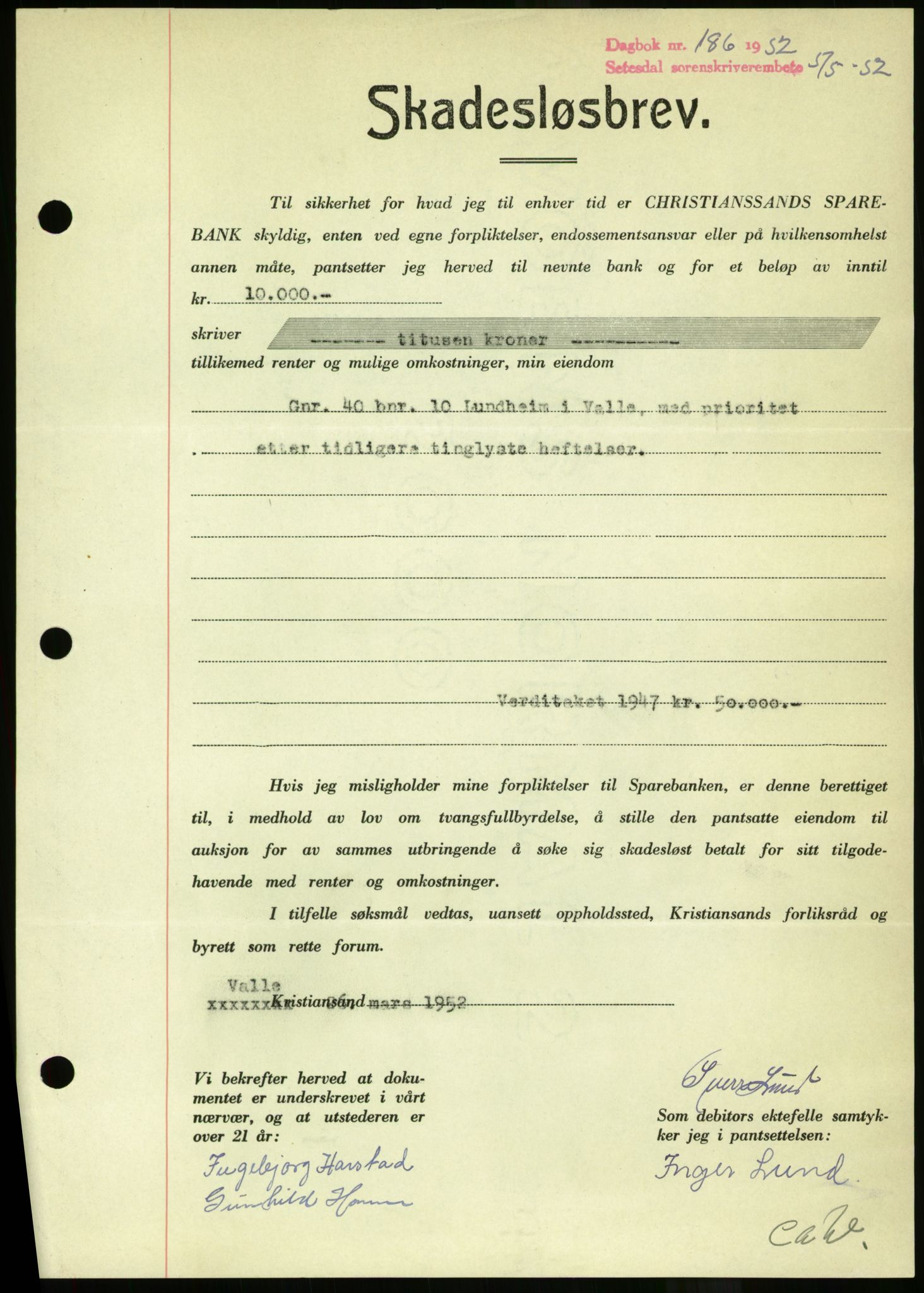 Setesdal sorenskriveri, SAK/1221-0011/G/Gb/L0050: Mortgage book no. B 38, 1949-1952, Diary no: : 186/1952