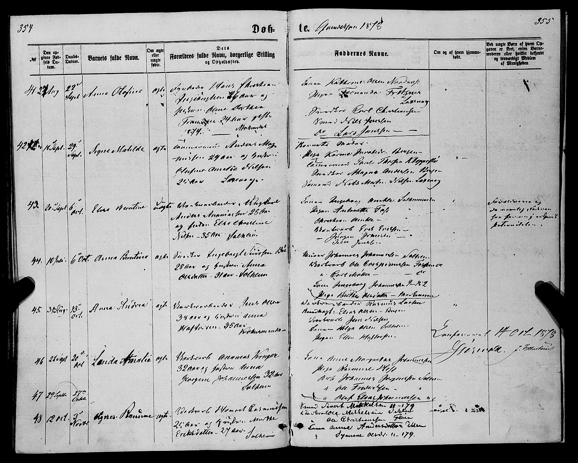 St. Jørgens hospital og Årstad sokneprestembete, AV/SAB-A-99934: Parish register (official) no. A 6, 1870-1878, p. 354-355