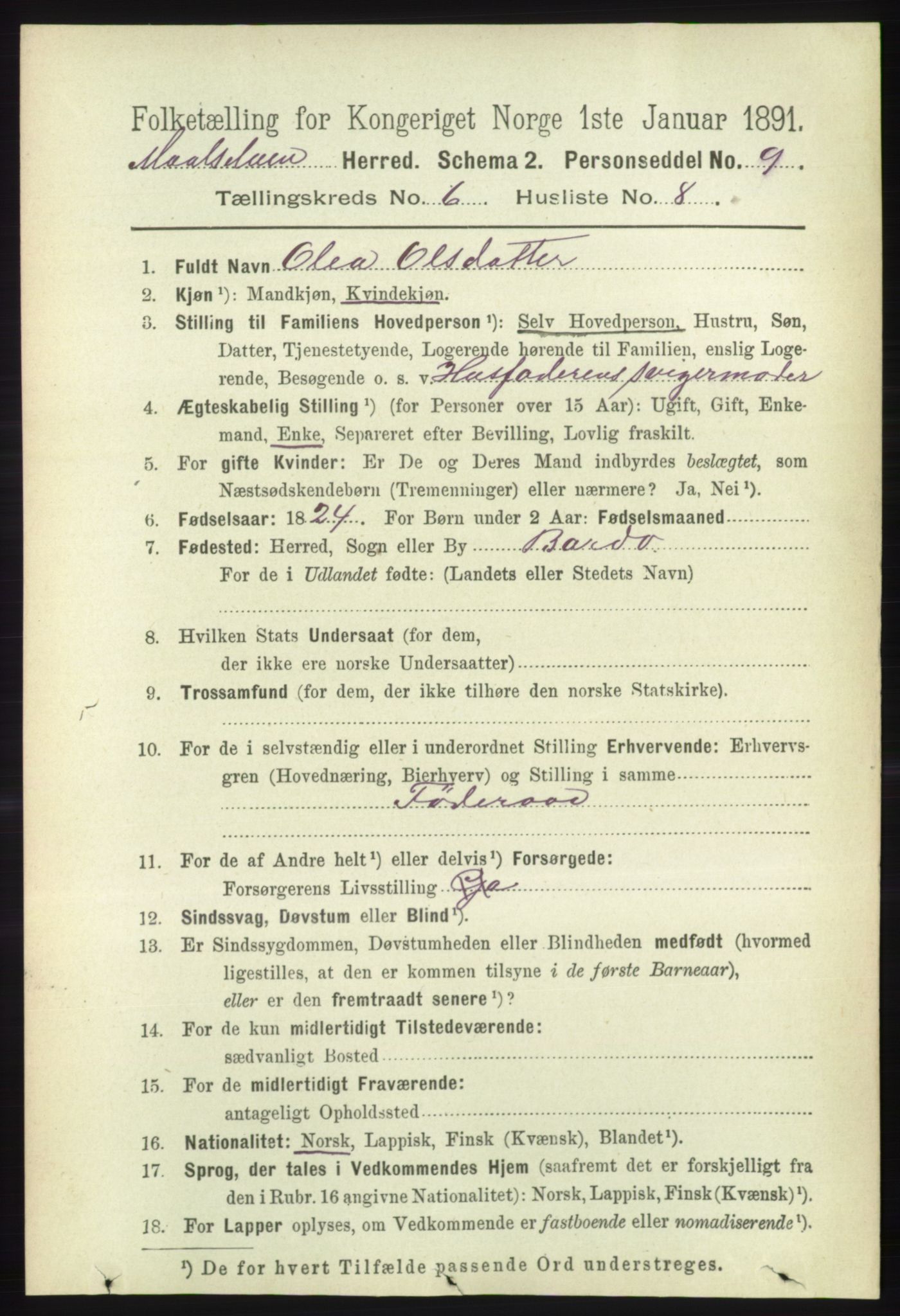 RA, 1891 census for 1924 Målselv, 1891, p. 2097