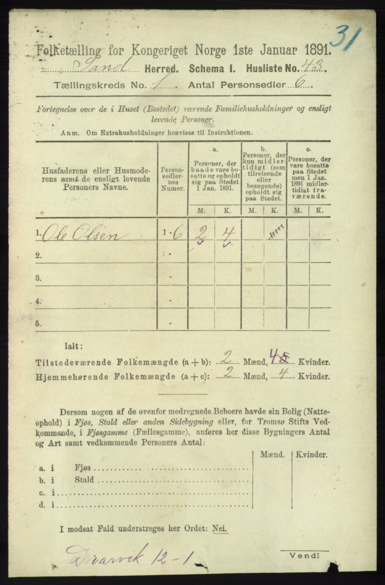 RA, 1891 census for 1136 Sand, 1891, p. 58