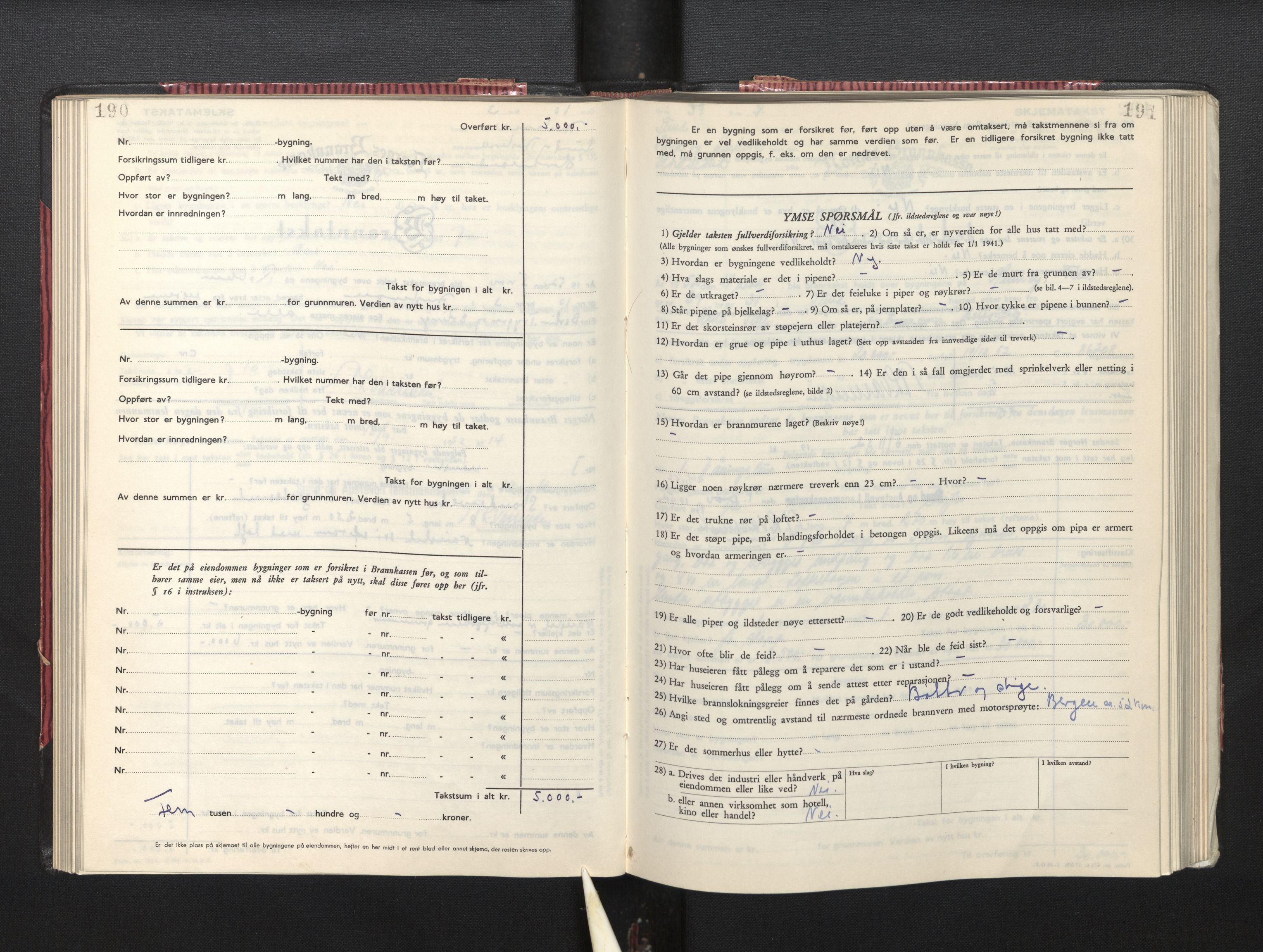 Lensmannen i Sund og Austevoll, AV/SAB-A-35201/0012/L0005: Branntakstprotokoll, skjematakst, 1949-1955, p. 190-191