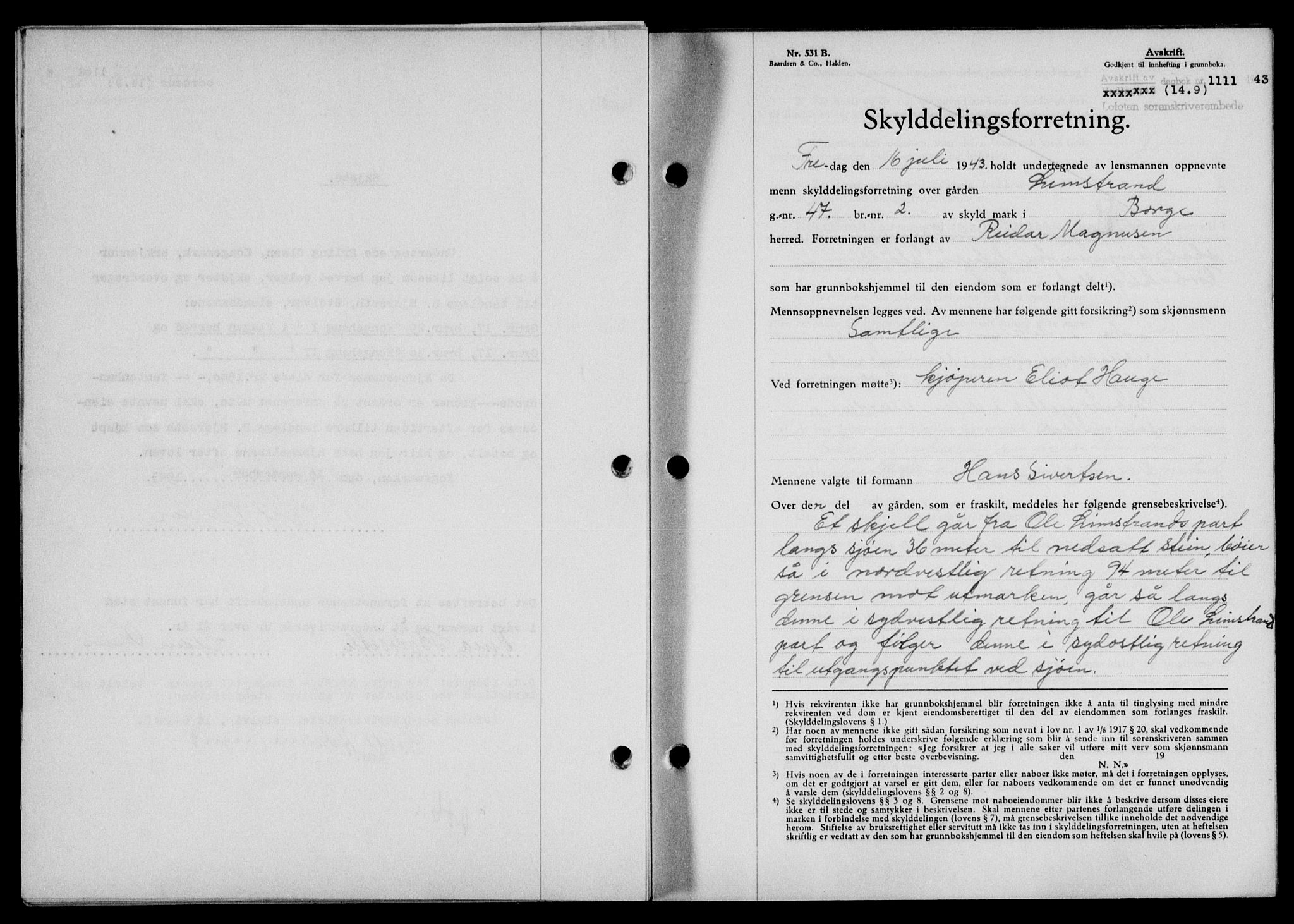 Lofoten sorenskriveri, SAT/A-0017/1/2/2C/L0011a: Mortgage book no. 11a, 1943-1943, Diary no: : 1111/1943