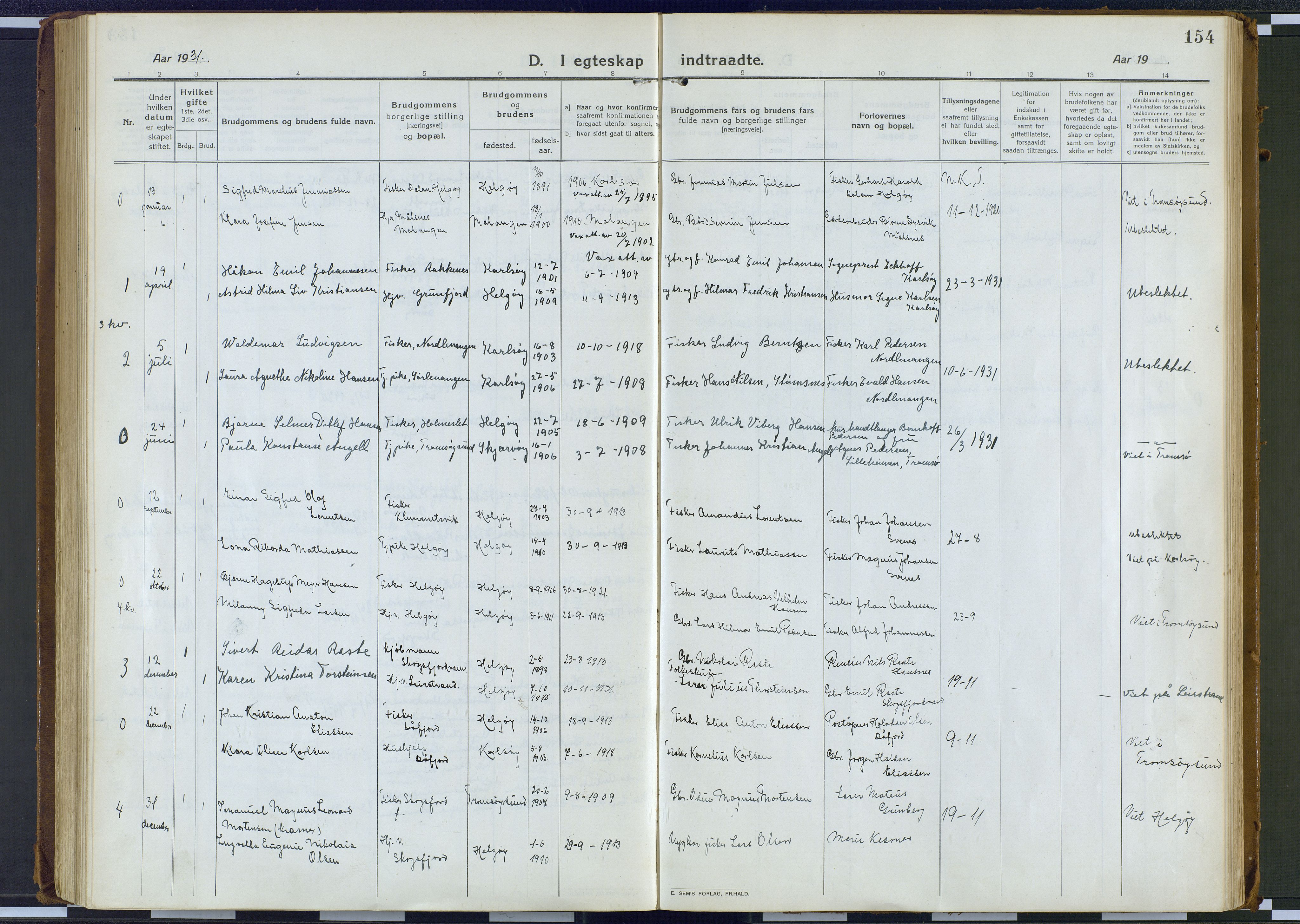 Karlsøy sokneprestembete, AV/SATØ-S-1299/H/Ha/Haa/L0016kirke: Parish register (official) no. 16, 1916-1934, p. 154