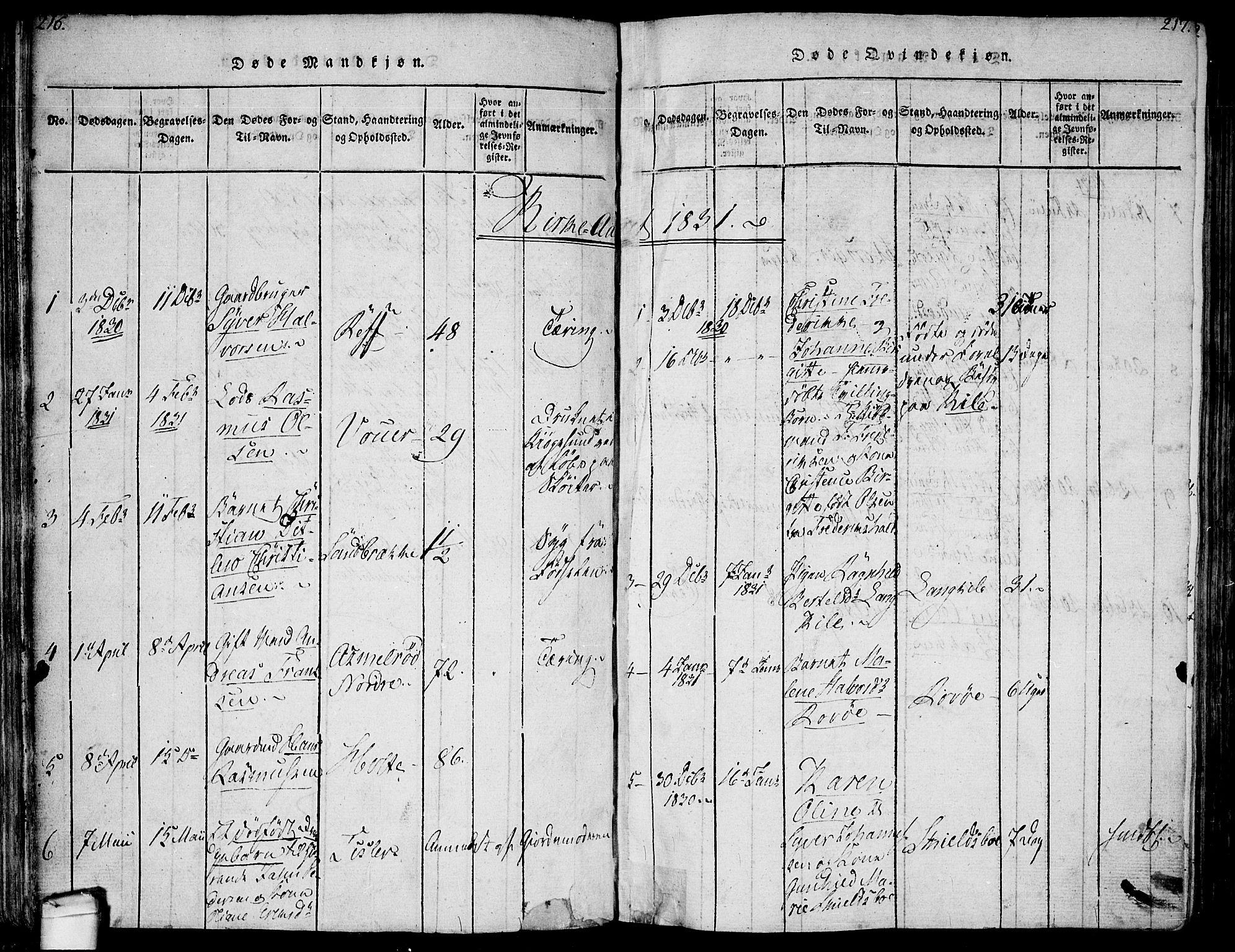 Hvaler prestekontor Kirkebøker, SAO/A-2001/F/Fa/L0005: Parish register (official) no. I 5, 1816-1845, p. 216-217