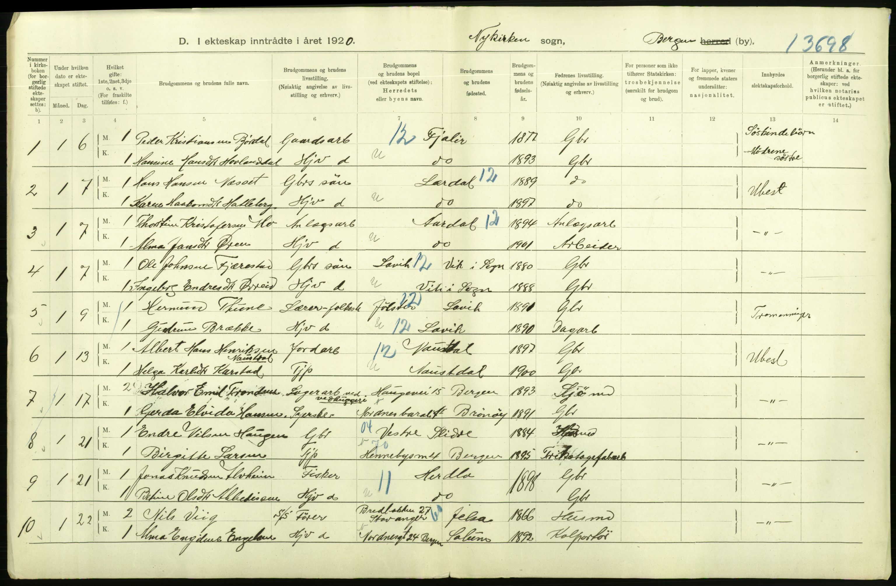 Statistisk sentralbyrå, Sosiodemografiske emner, Befolkning, AV/RA-S-2228/D/Df/Dfb/Dfbj/L0042: Bergen: Gifte, døde, dødfødte., 1920, p. 154