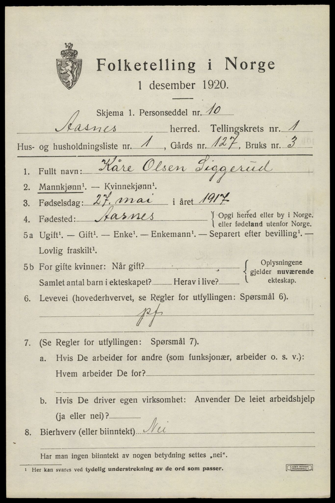 SAH, 1920 census for Åsnes, 1920, p. 2152