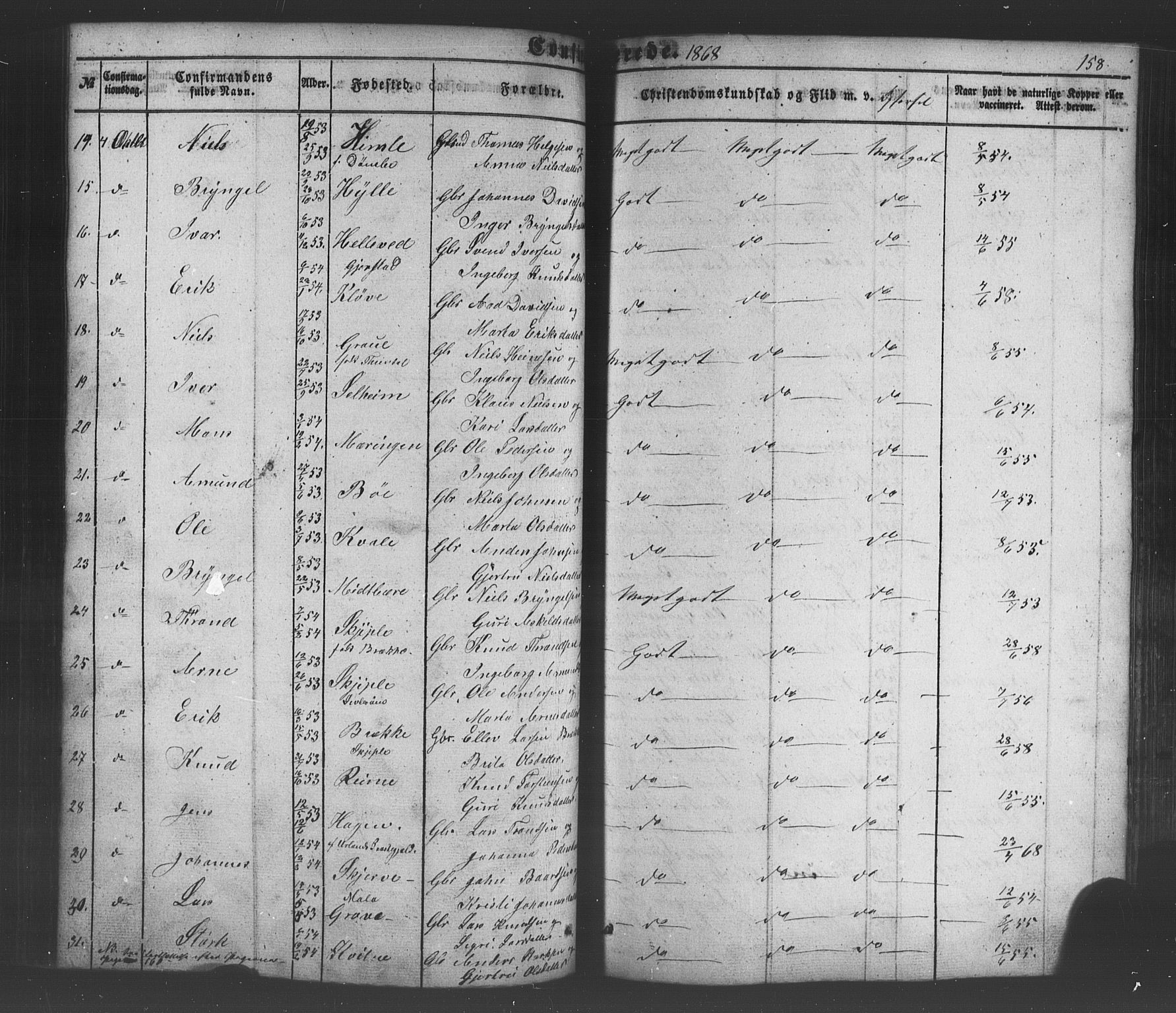 Voss sokneprestembete, SAB/A-79001/H/Haa: Parish register (official) no. A 18, 1848-1876, p. 158