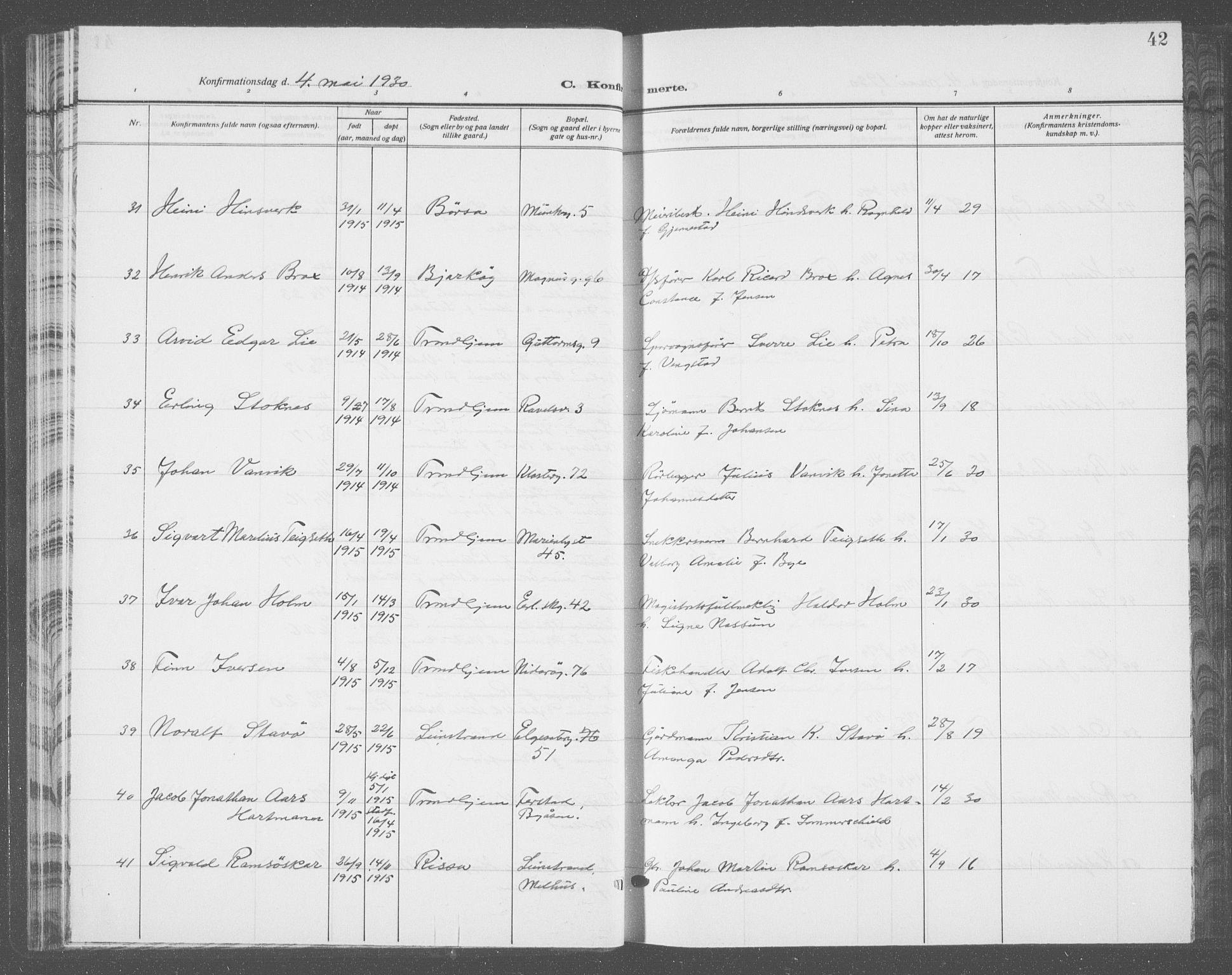 Ministerialprotokoller, klokkerbøker og fødselsregistre - Sør-Trøndelag, AV/SAT-A-1456/601/L0099: Parish register (copy) no. 601C17, 1928-1941, p. 42