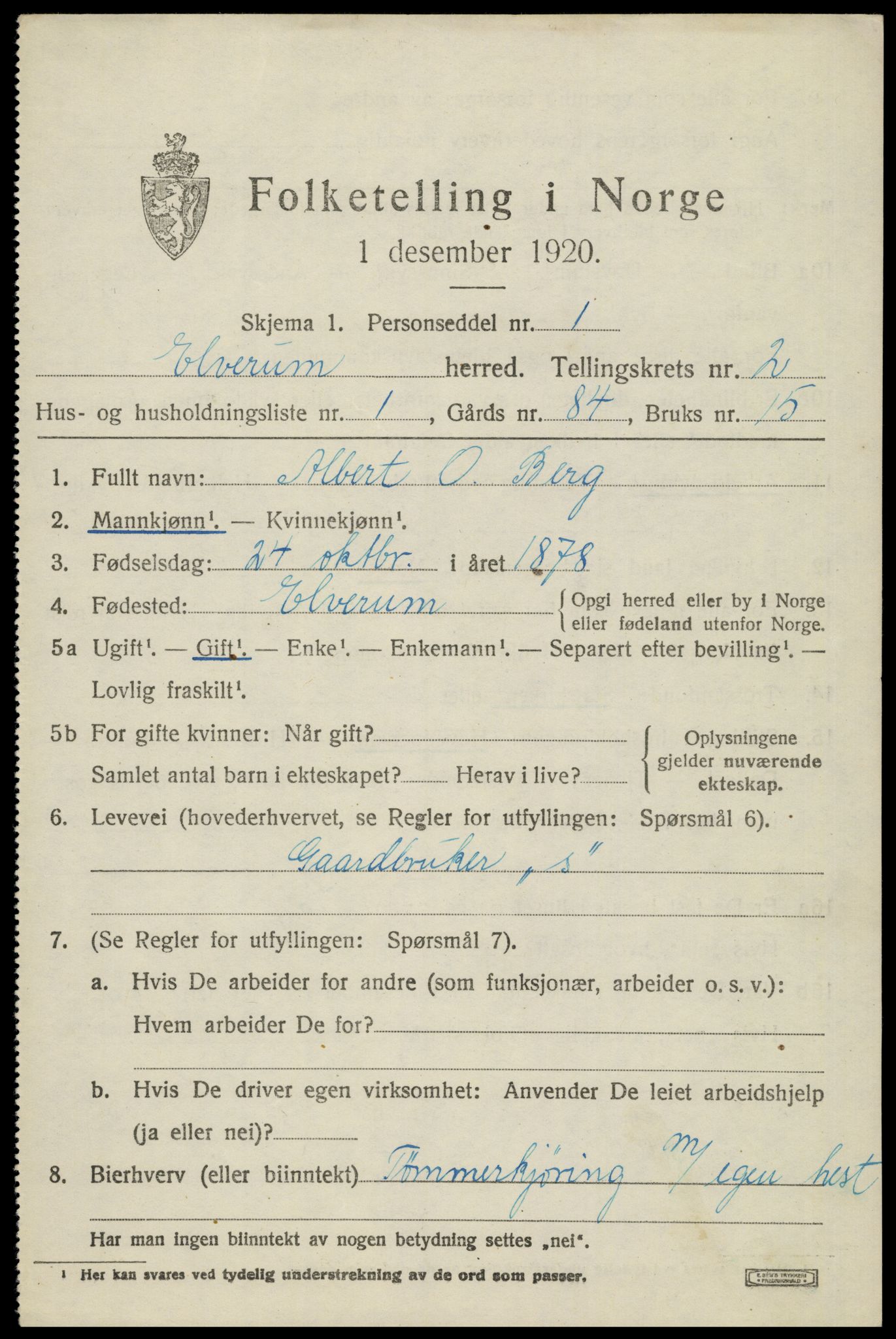 SAH, 1920 census for Elverum, 1920, p. 4594