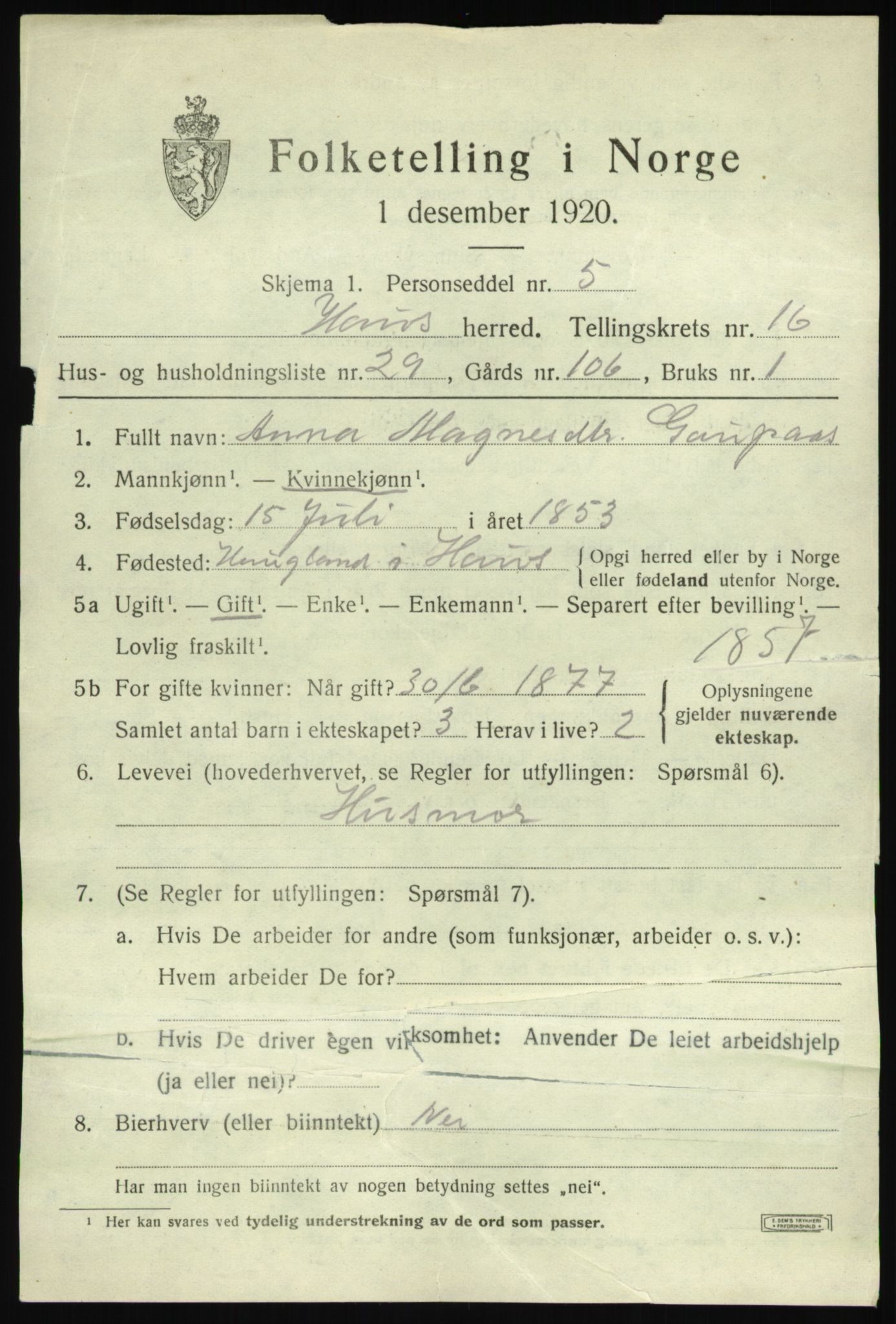 SAB, 1920 census for Haus, 1920, p. 10734