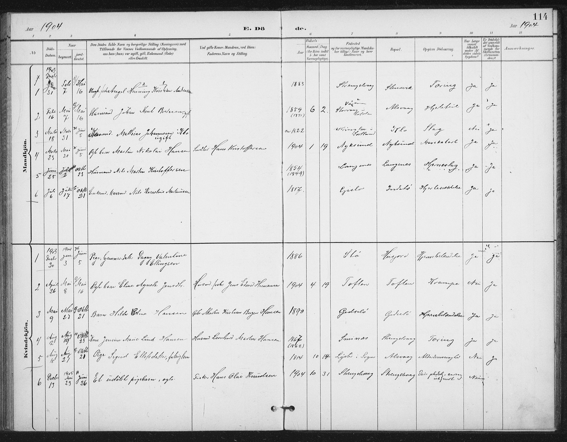 Ministerialprotokoller, klokkerbøker og fødselsregistre - Nordland, SAT/A-1459/894/L1356: Parish register (official) no. 894A02, 1897-1914, p. 114