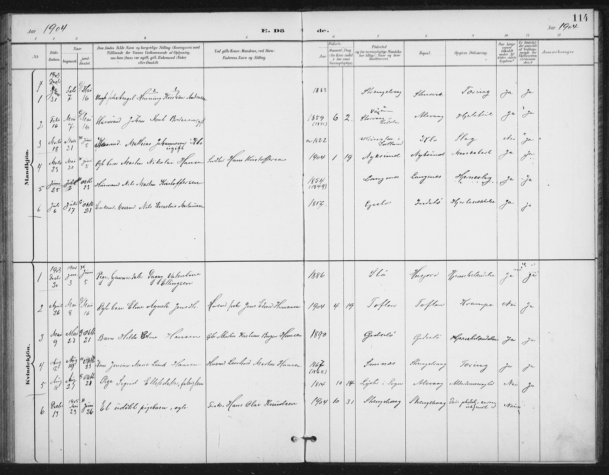 Ministerialprotokoller, klokkerbøker og fødselsregistre - Nordland, AV/SAT-A-1459/894/L1356: Parish register (official) no. 894A02, 1897-1914, p. 114