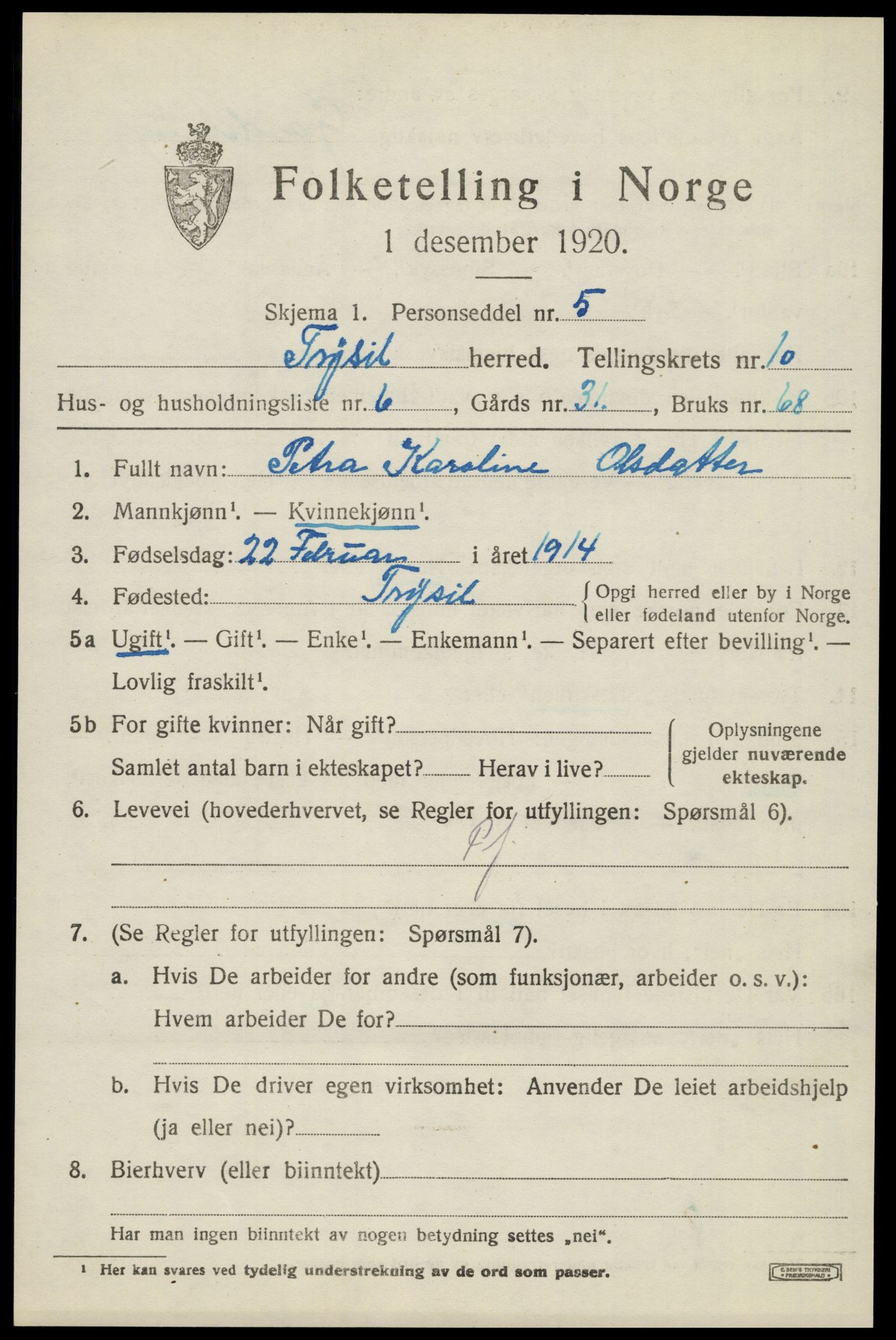 SAH, 1920 census for Trysil, 1920, p. 6929