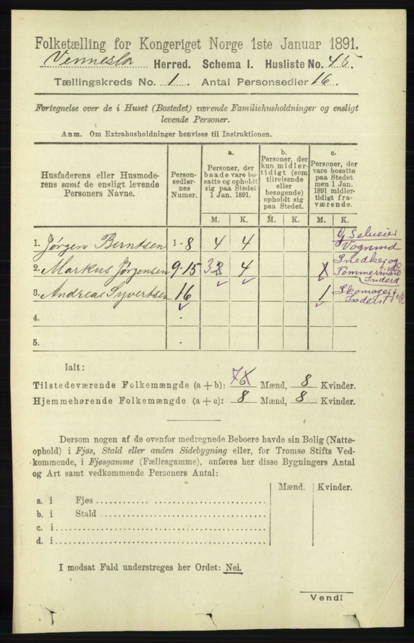 RA, 1891 census for 1014 Vennesla, 1891, p. 62