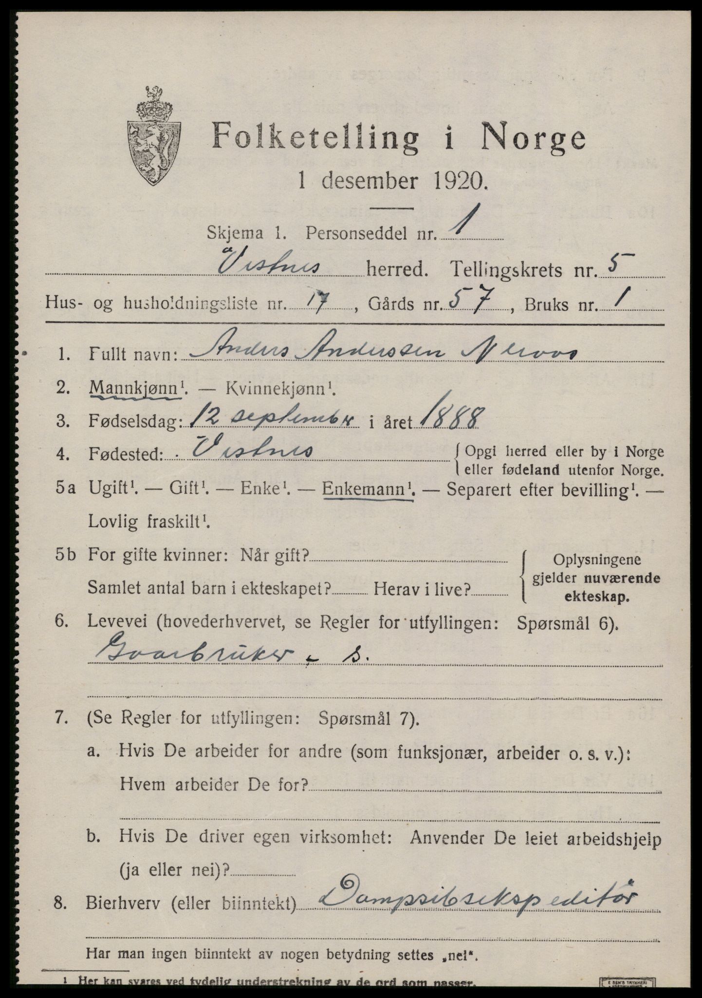 SAT, 1920 census for Vestnes, 1920, p. 4133