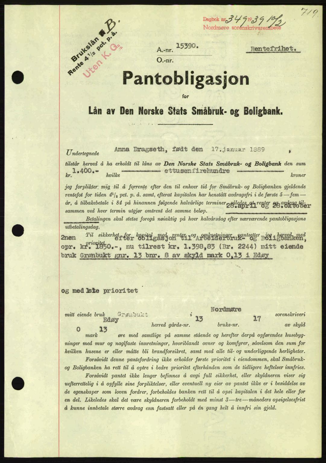 Nordmøre sorenskriveri, SAT/A-4132/1/2/2Ca: Mortgage book no. B84, 1938-1939, Diary no: : 349/1939