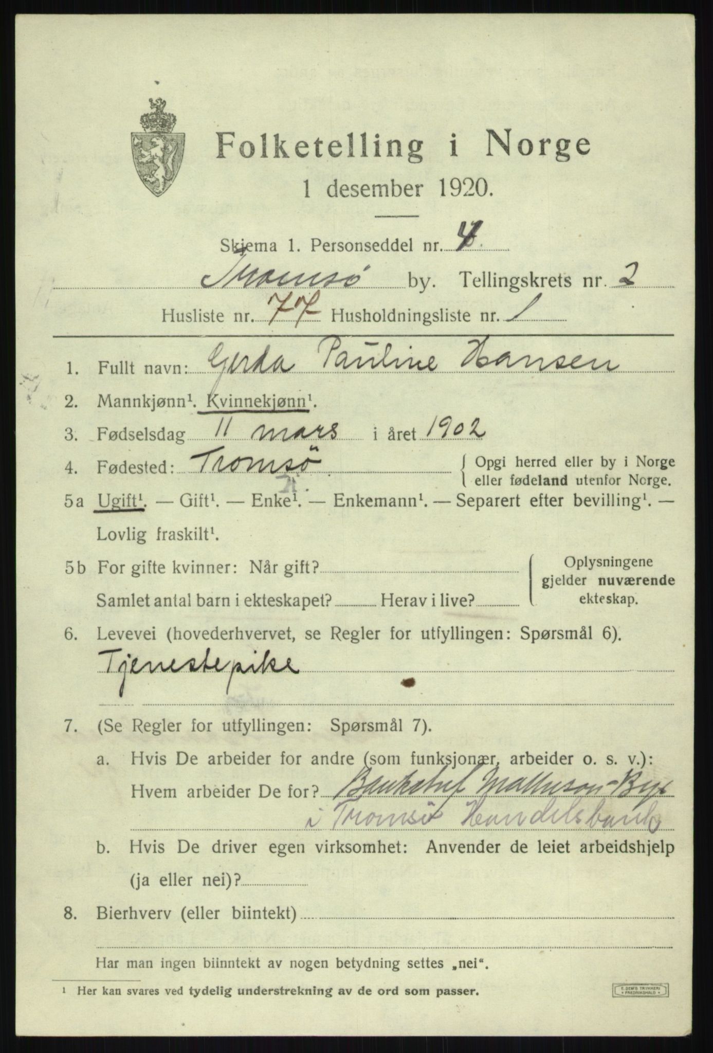 SATØ, 1920 census for Tromsø, 1920, p. 10033